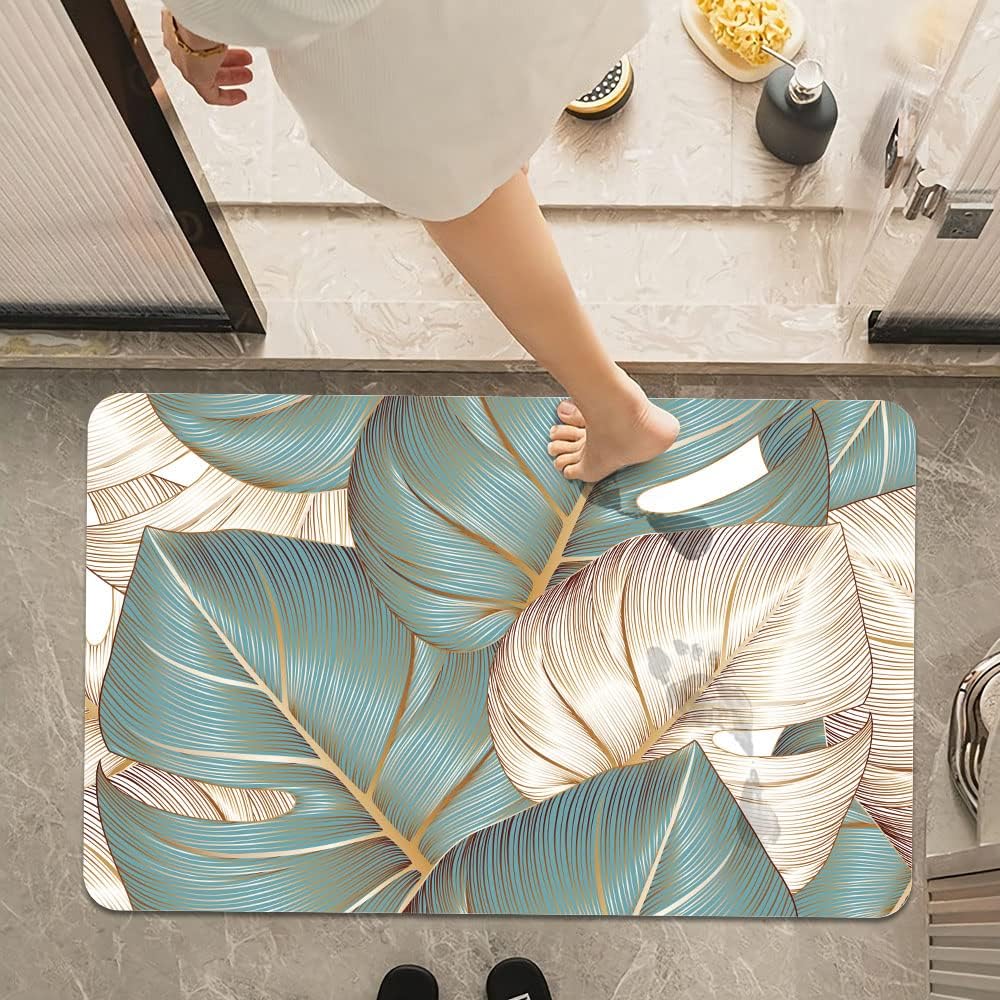 DJSOK Bath Mat Rug Floral with Golden Monstera Leaves