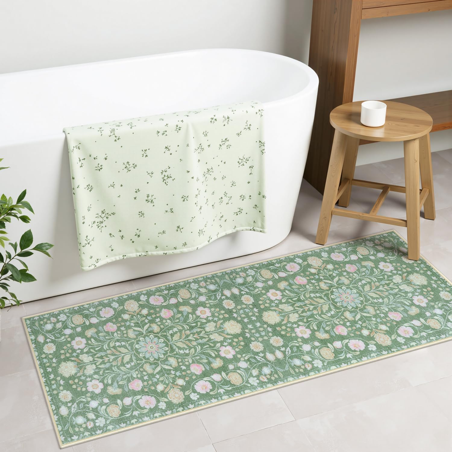 Uphome Green Boho Floral Bath Rug 18x47 inch 1