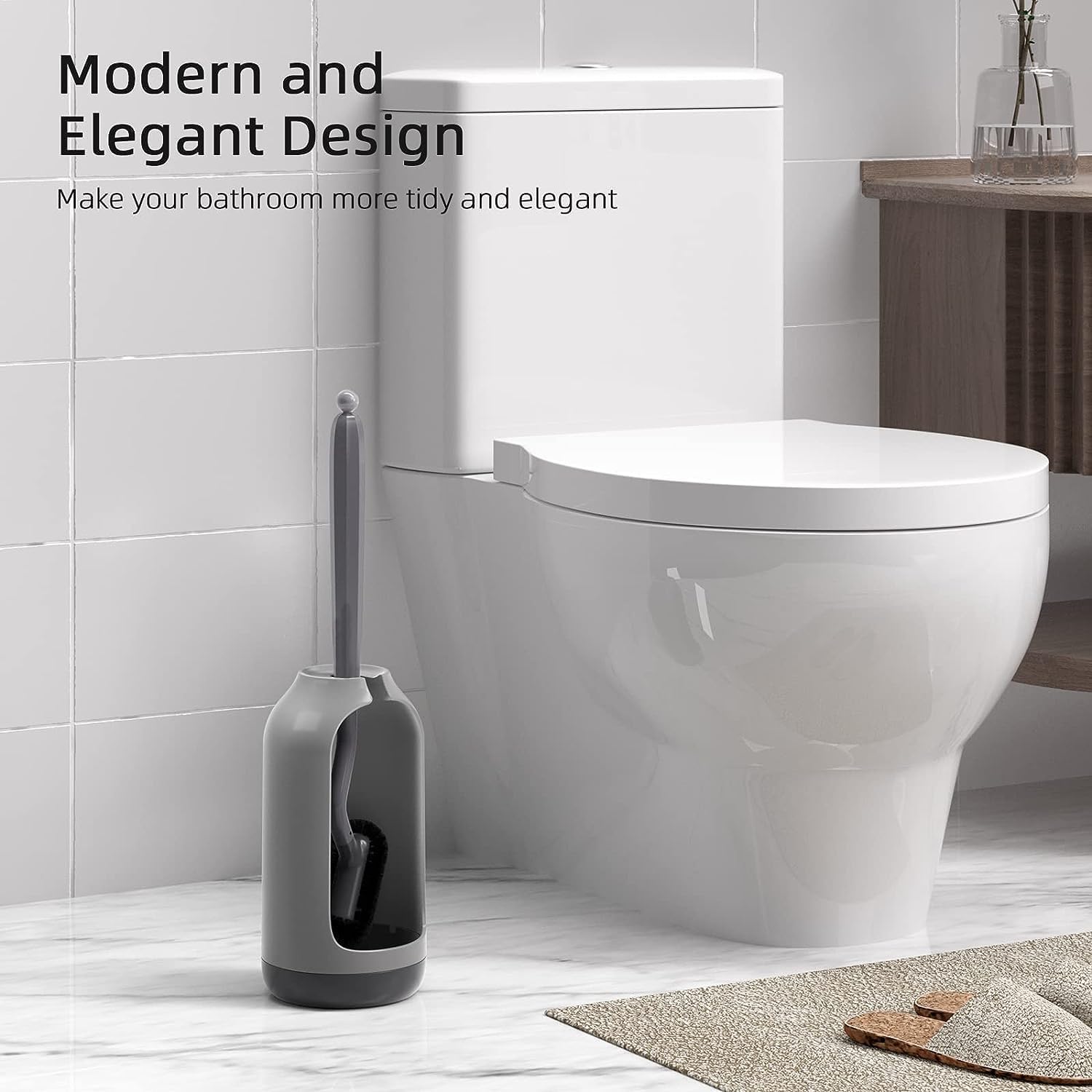 HAMITOR Toilet Brush Holder Set with Curved Bristle and Silicone Head