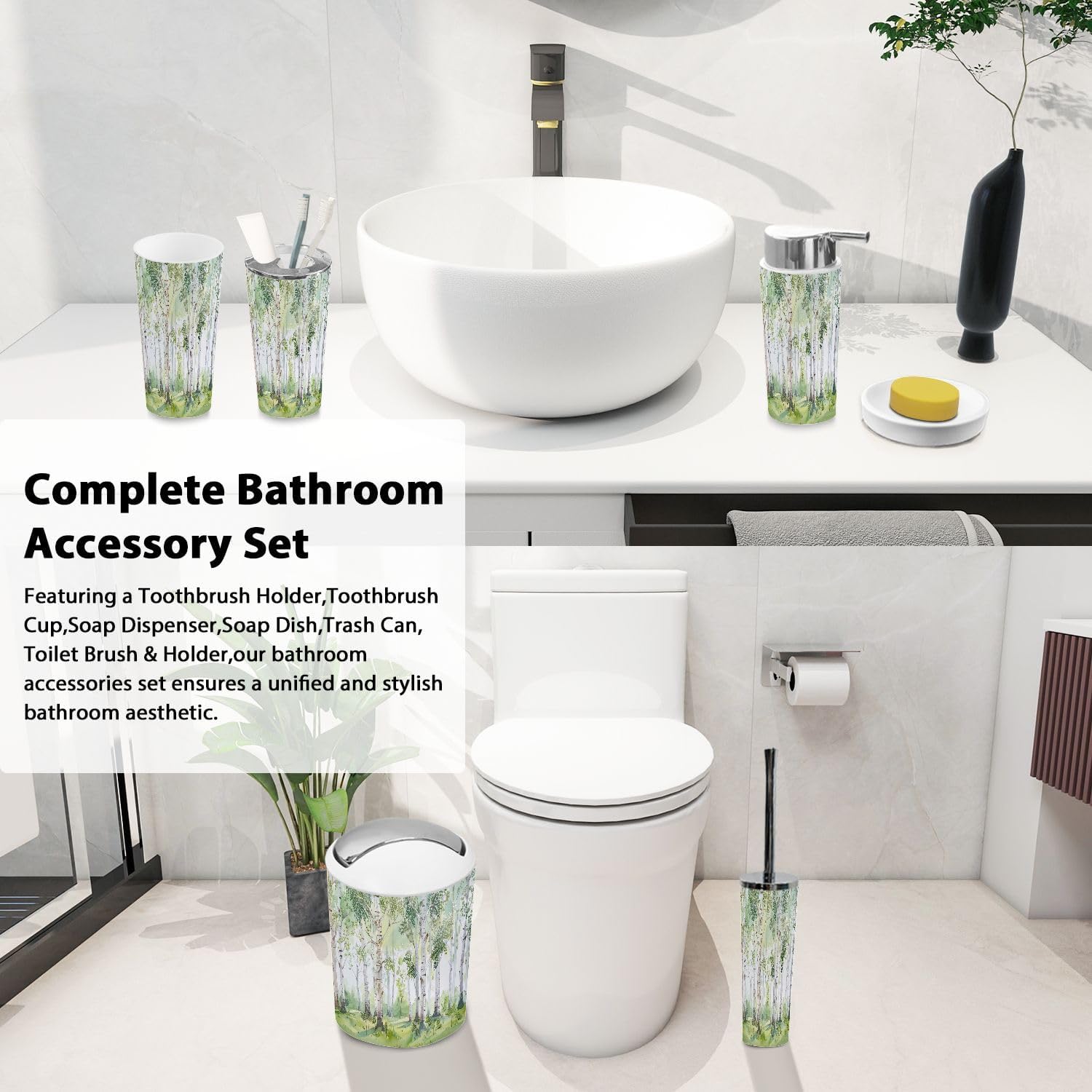 Boho Bathroom 6-Piece Trash Can Set for Kids and Home