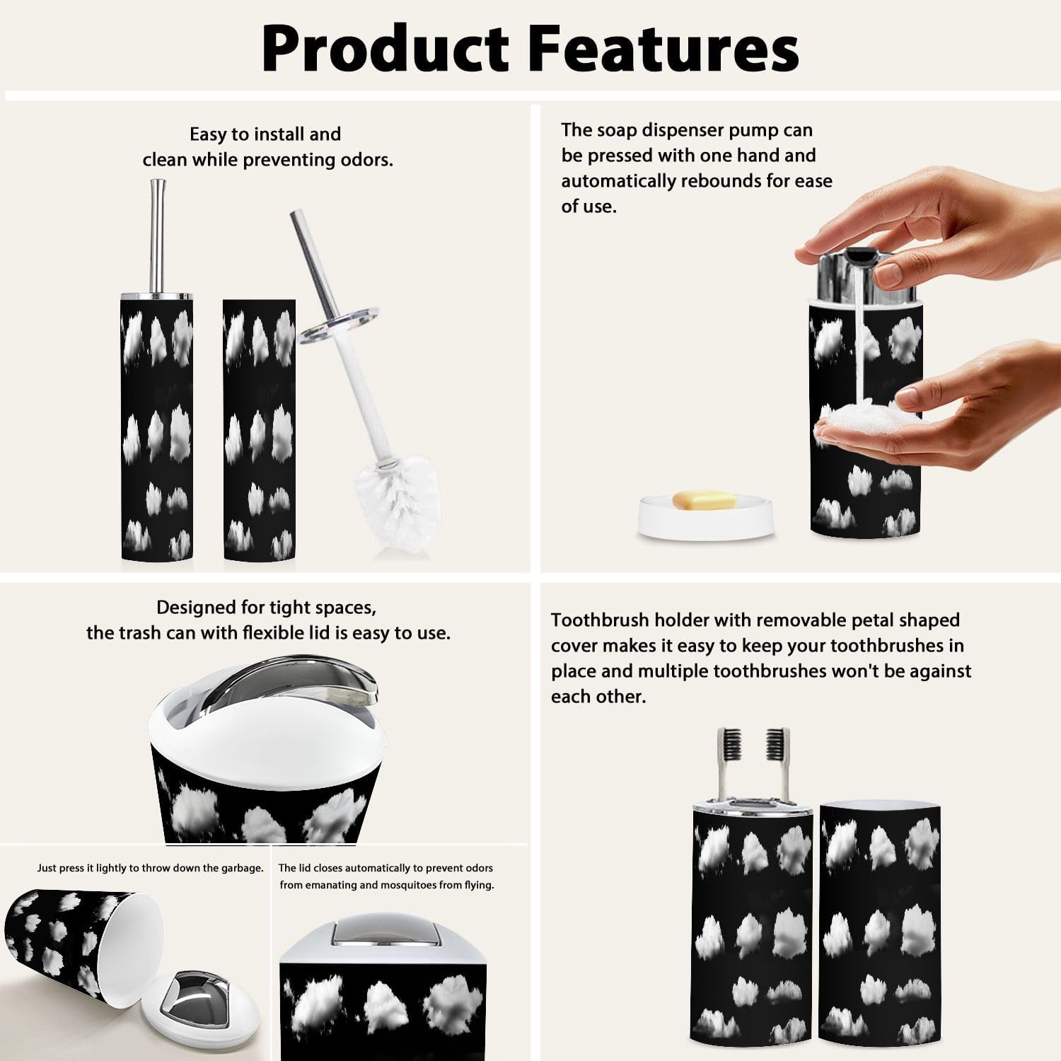 Boho Bathroom Accessory Set 6 Piece Clouds Black 1