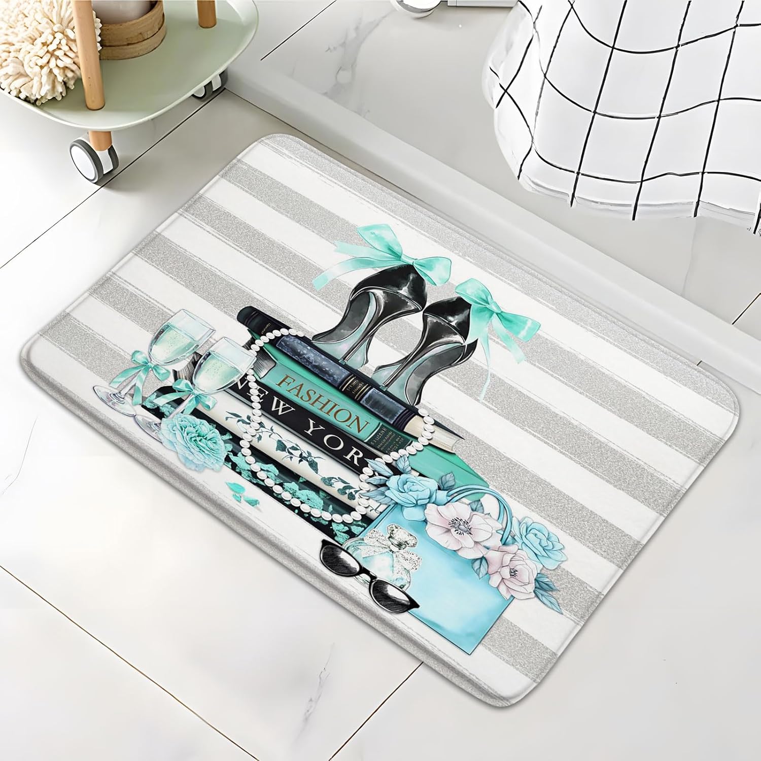Modern Teal Stripe Bath Mat 178x295