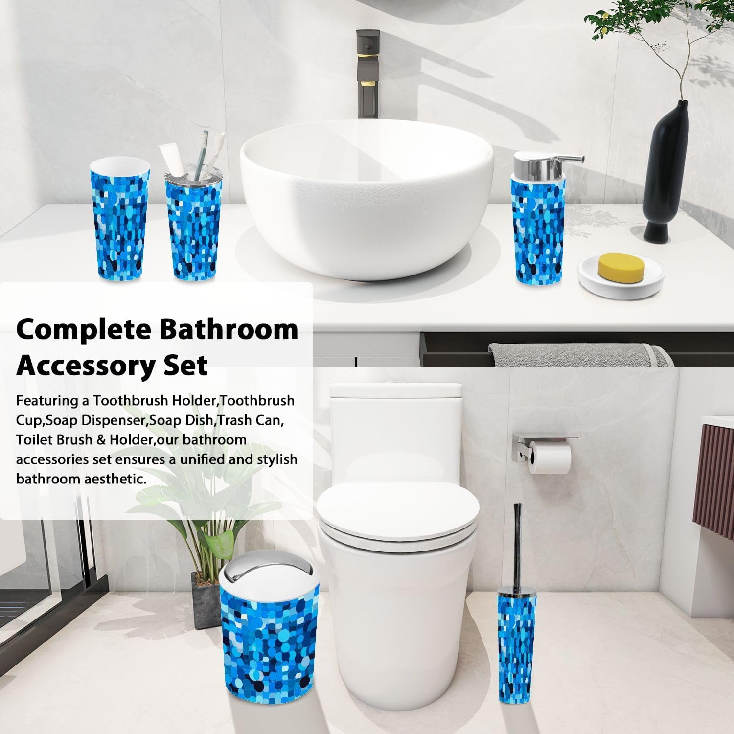 Boho Style 6 Piece Bathroom Accessory Set Blue Circles