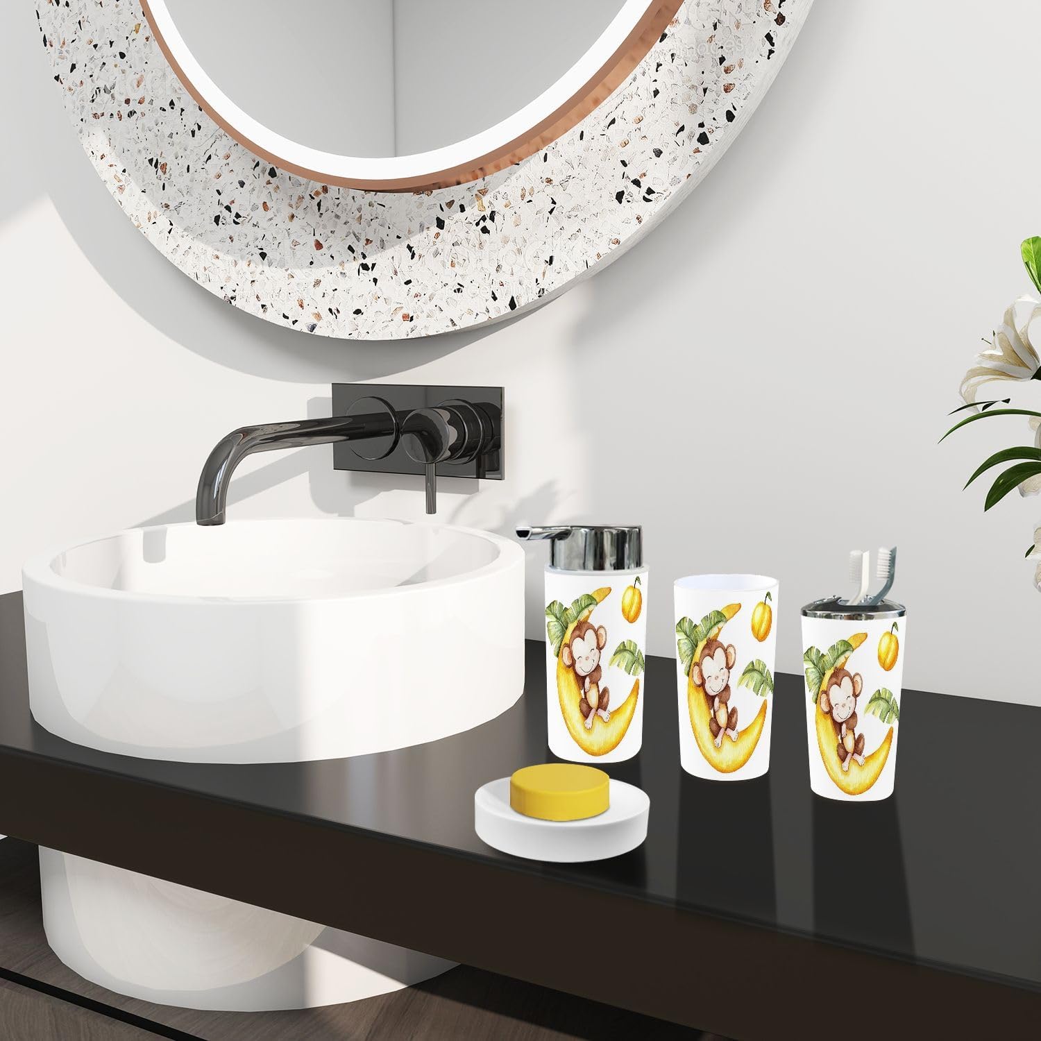 Boho Cute Cartoon Monkey Bathroom Accessory Set 6 Piece