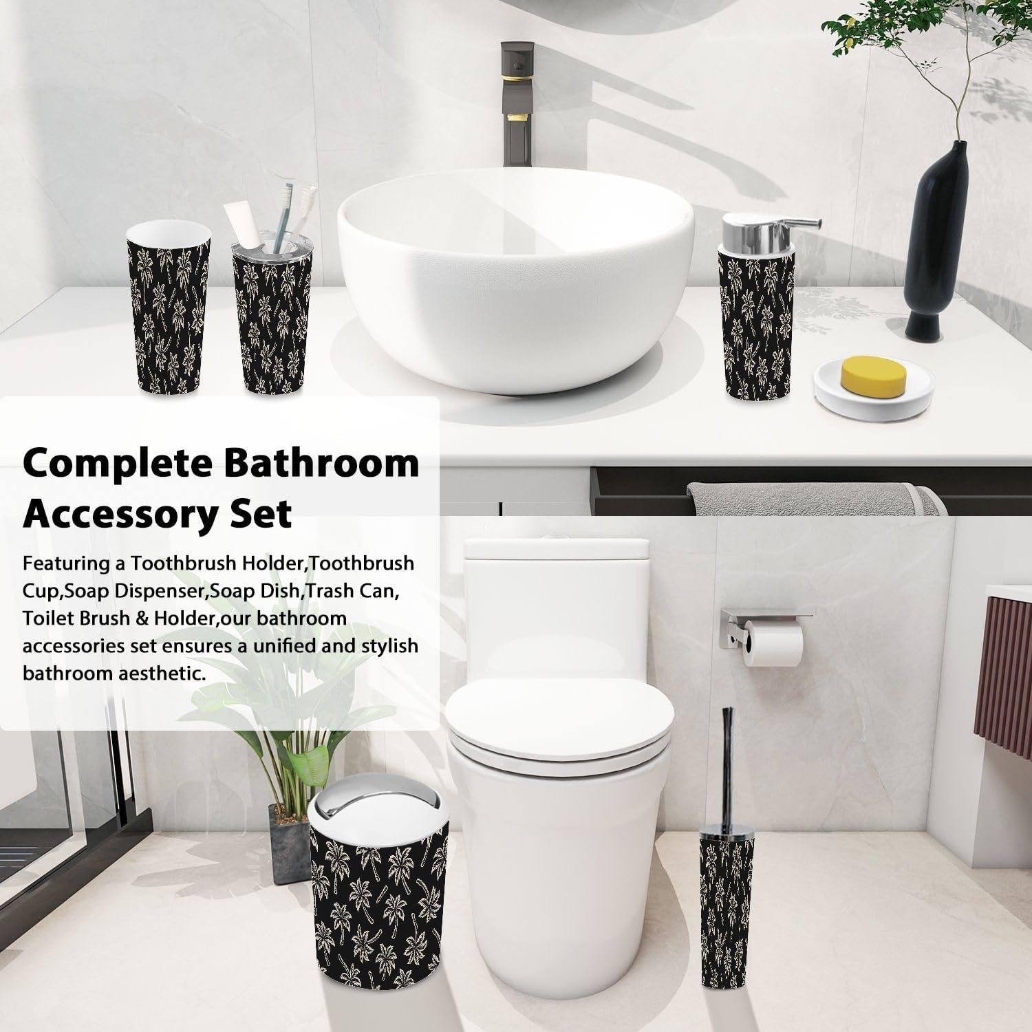 TRANQDEHOM 6 Piece Boho Tropical Bathroom Accessory Set