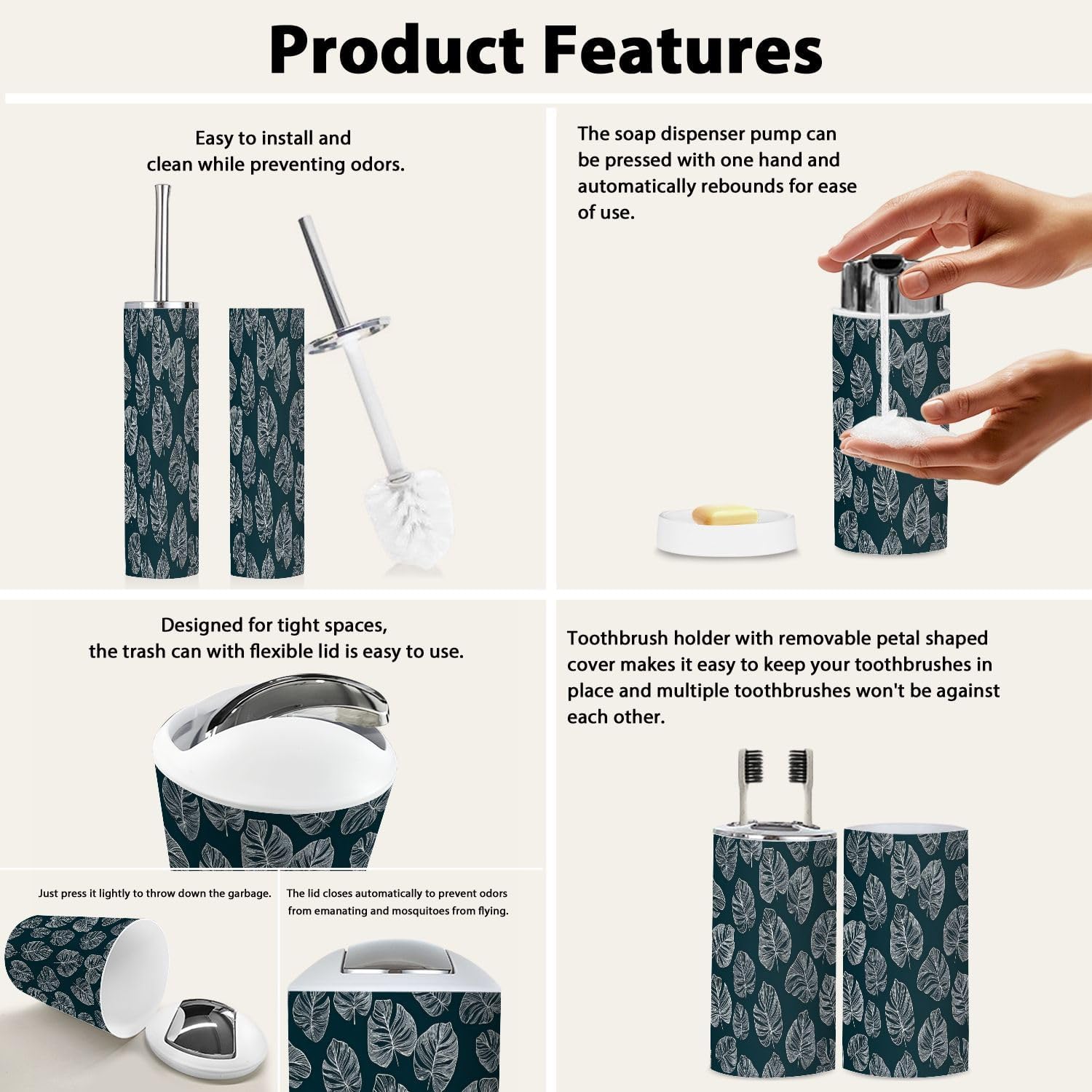 Boho White Monstera Leaf Bathroom Accessory Set 6 Piece