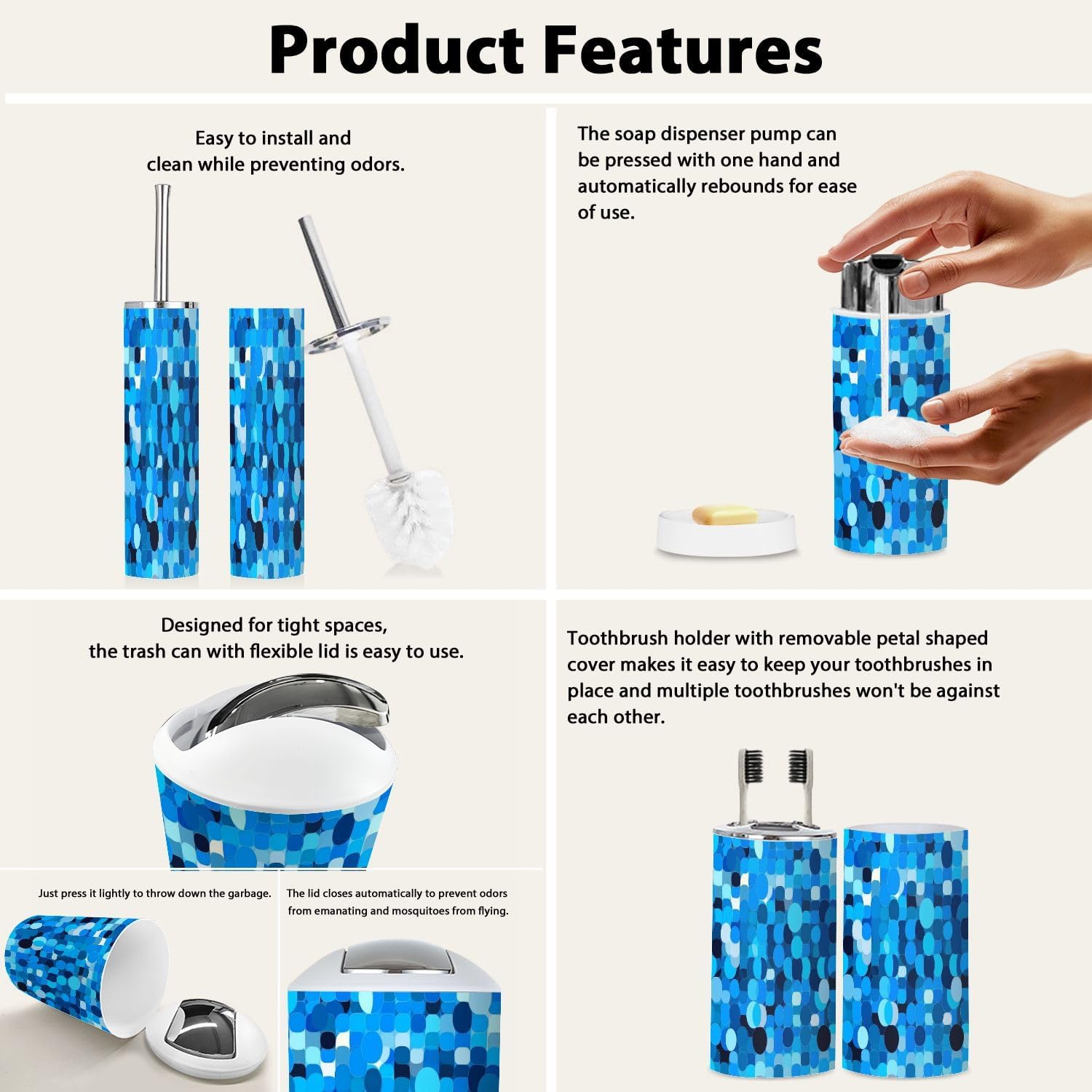 Boho Style 6 Piece Bathroom Accessory Set Blue Circles