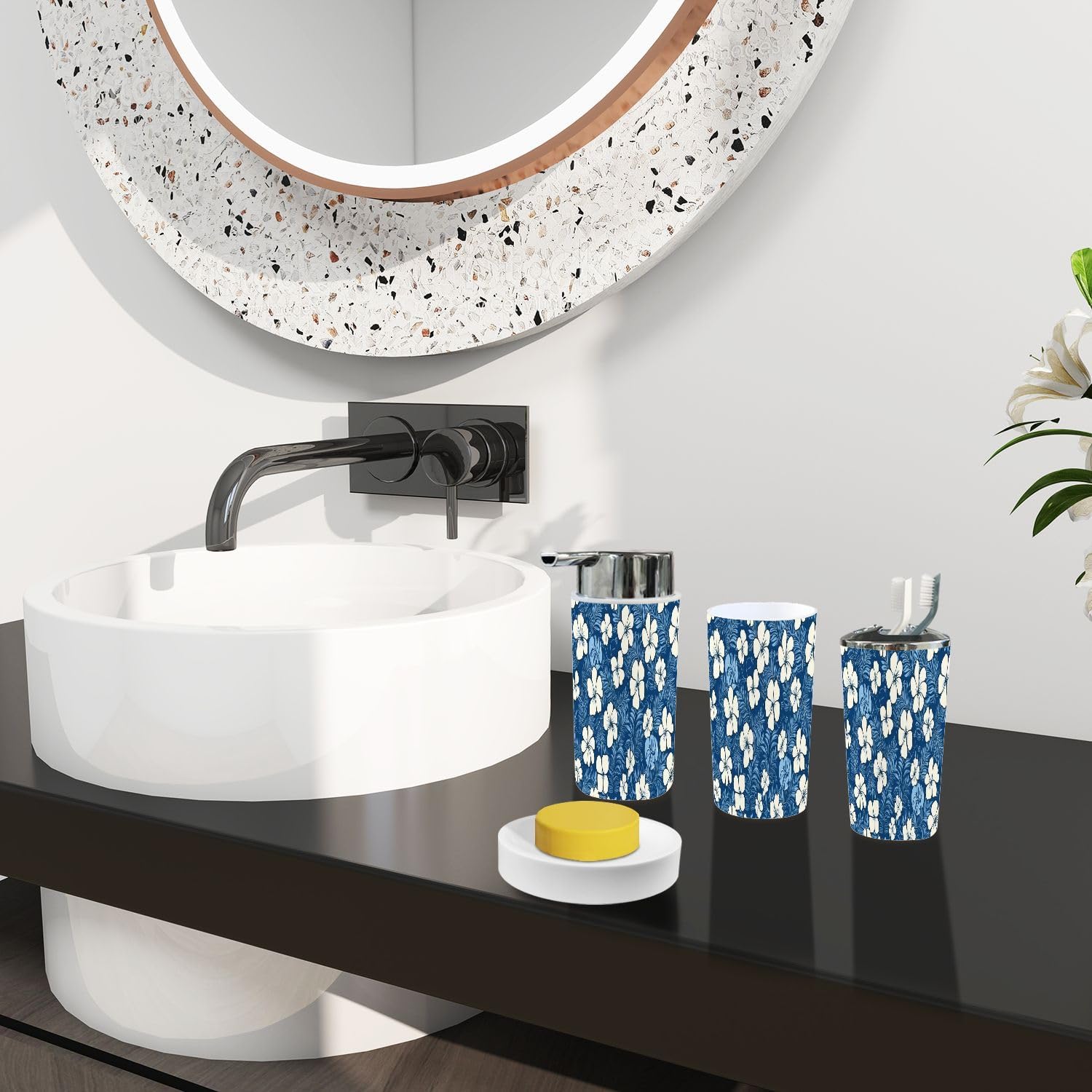 Boho Hibiscus Flowers Bathroom Accessory Set 6 Piece