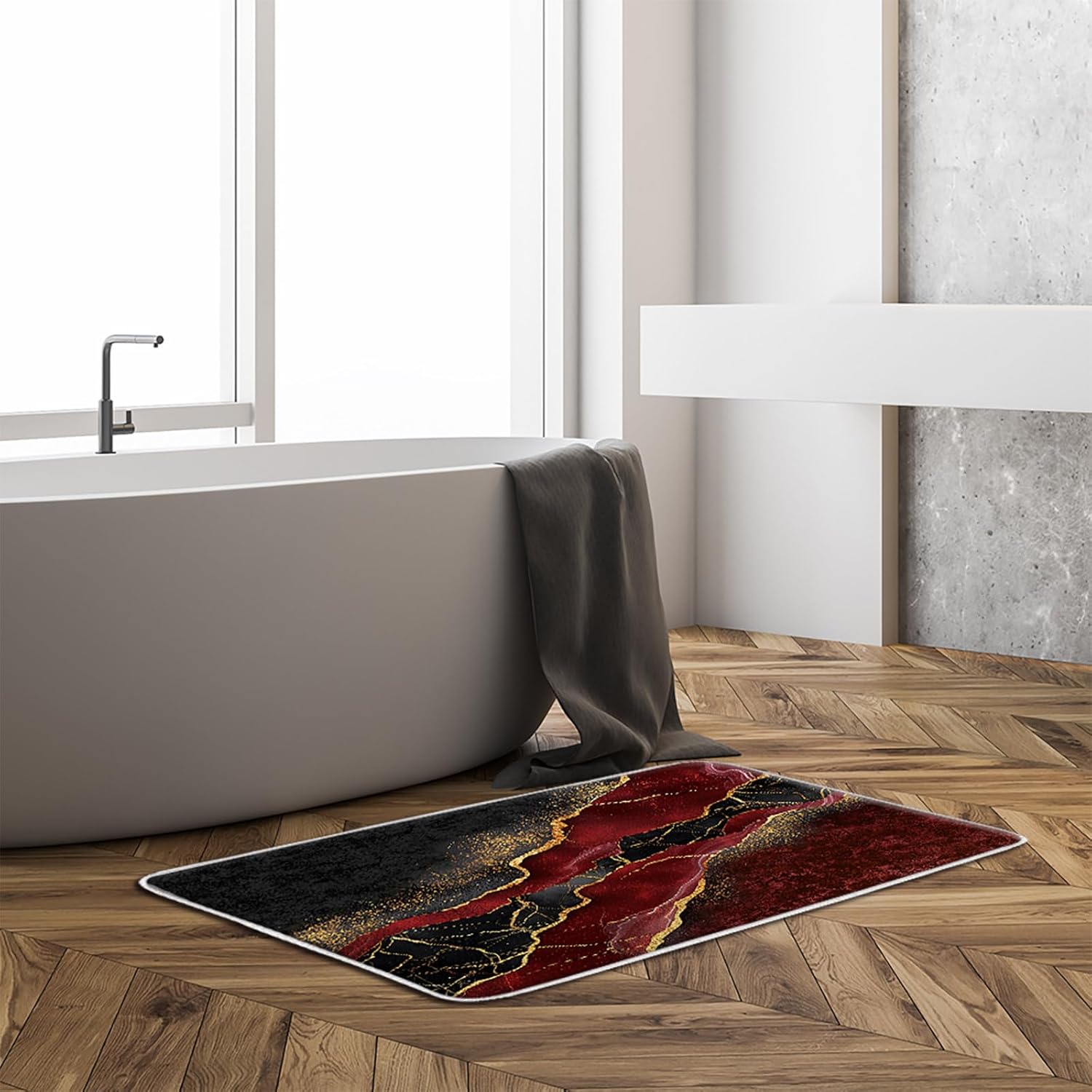 Red Marble Bath Mat with Gold Veins Texture