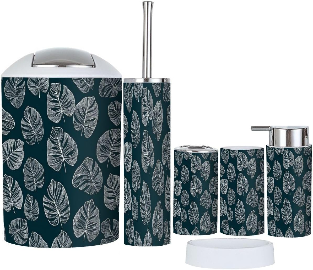 Boho White Monstera Leaf Bathroom Accessory Set 6 Piece