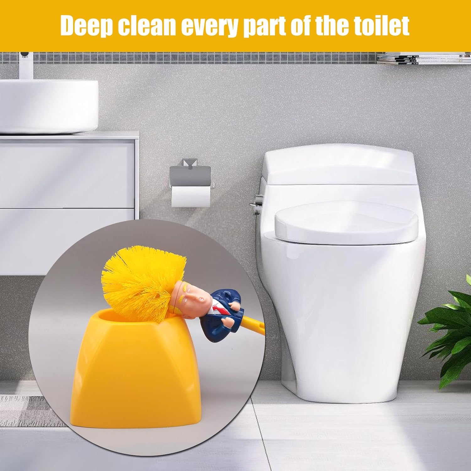 Donald Trump Toilet Brush with Holder Cleaning Set - Funny Bathroom Gift Yellow