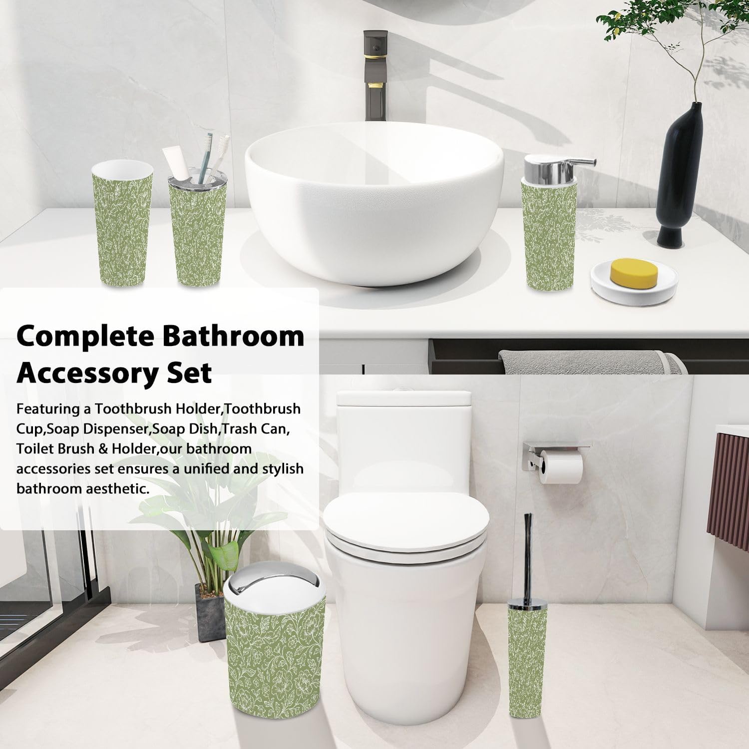 TRANQDEHOM 6-Piece Boho Floral Bathroom Accessory Set