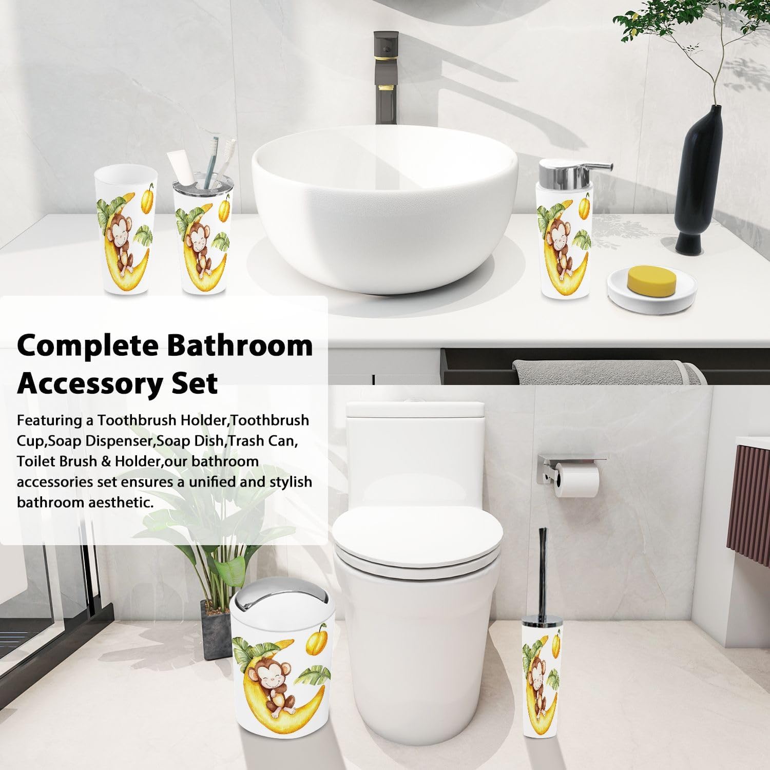 Boho Cute Cartoon Monkey Bathroom Accessory Set 6 Piece
