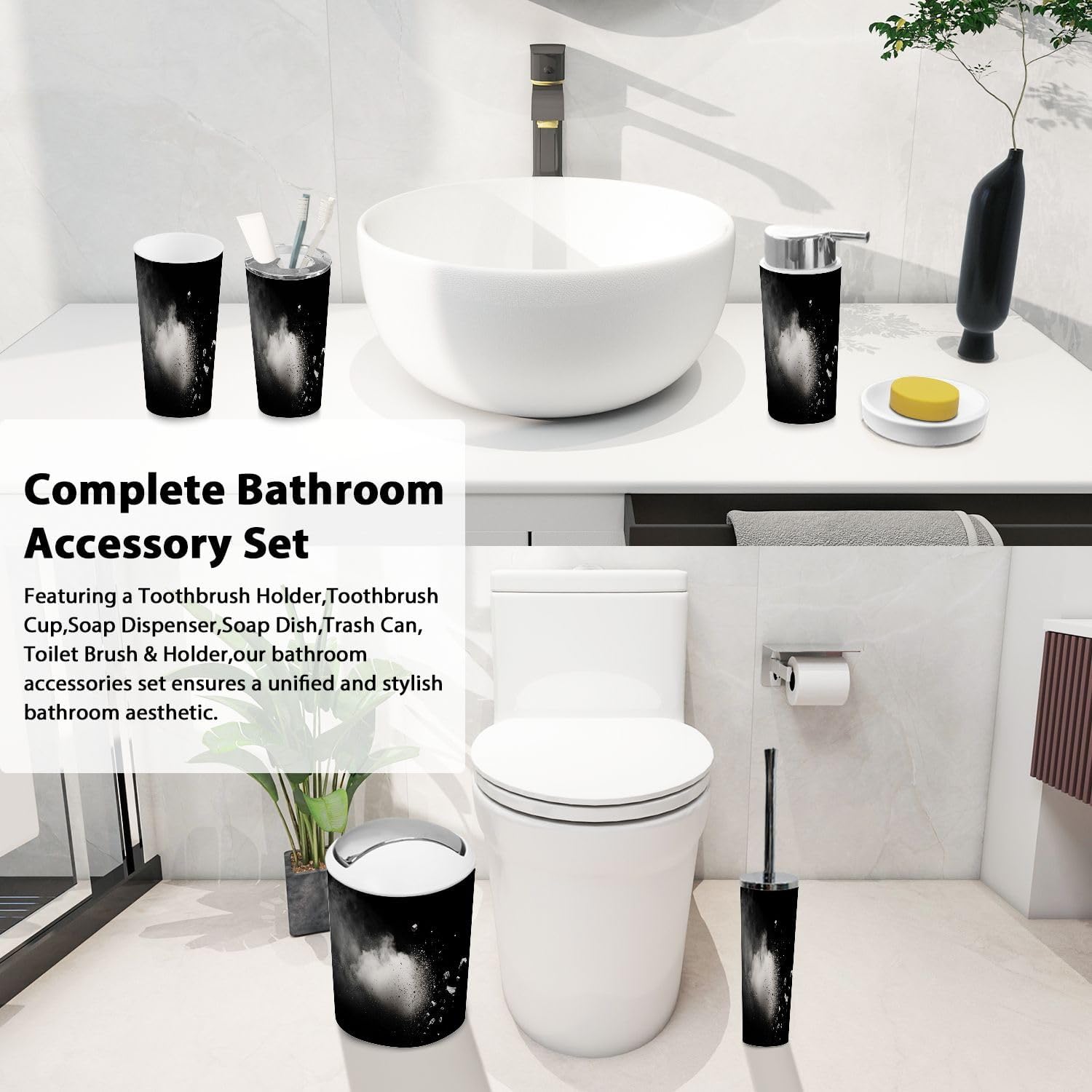Boho Bathroom Accessories Set 6 Piece Black Stone