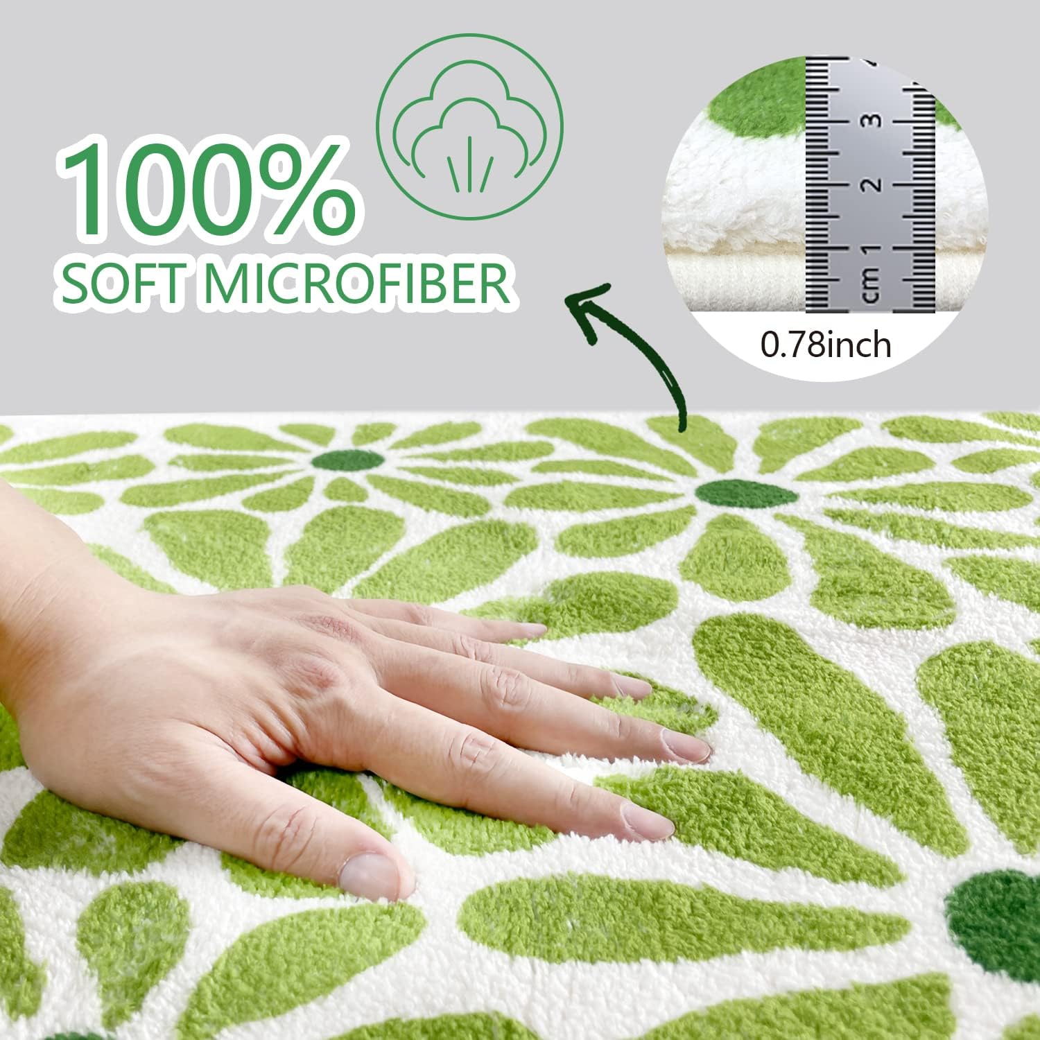 Green Floral Bath Mat 21x30in Non-Slip Microfiber Rug for Bathroom