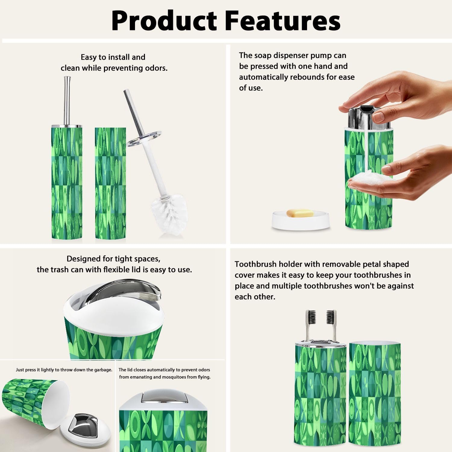 Boho Green Bathroom Accessory Set 6 Piece