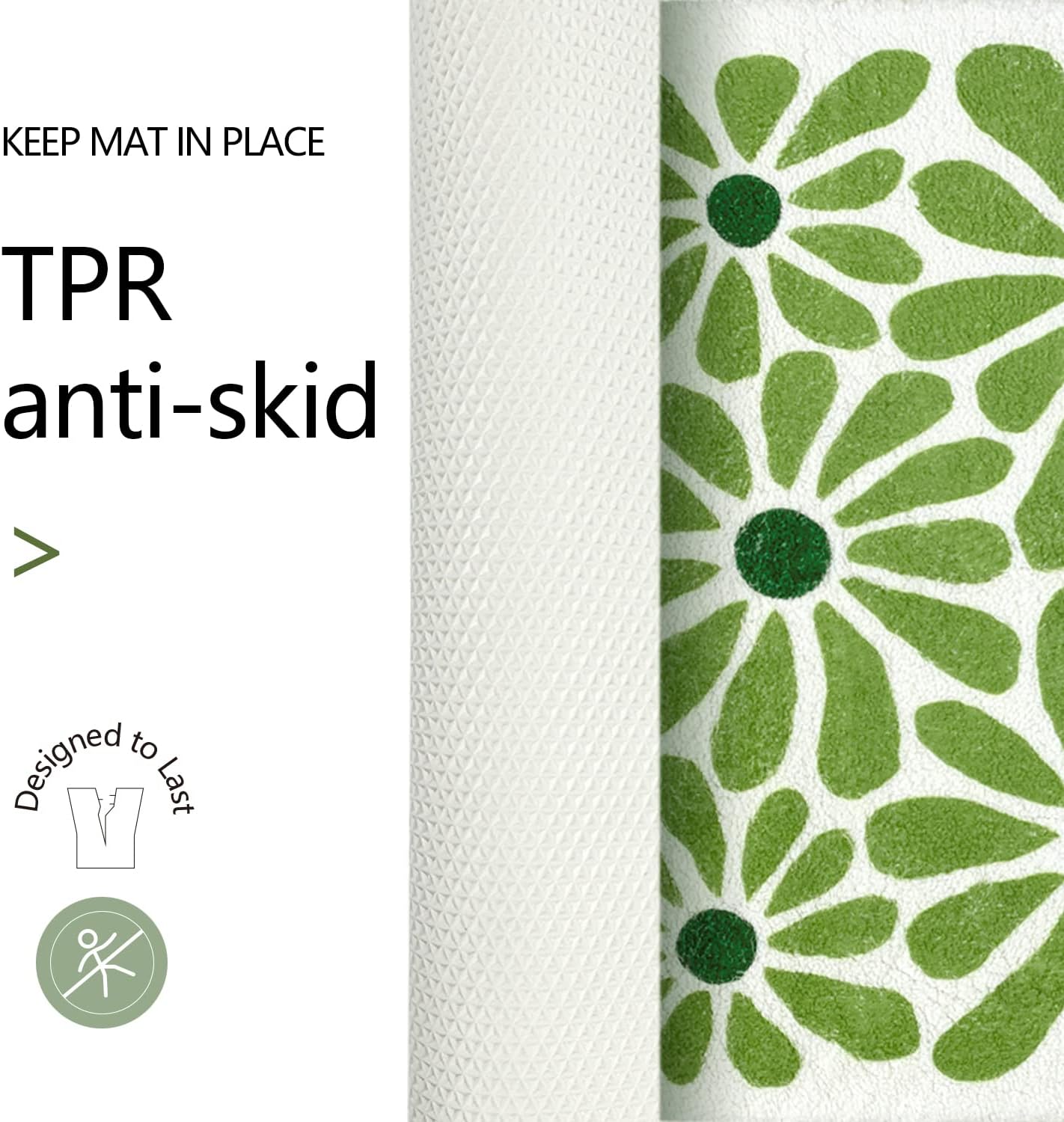 Green Floral Bath Mat 21x30in Non-Slip Microfiber Rug for Bathroom