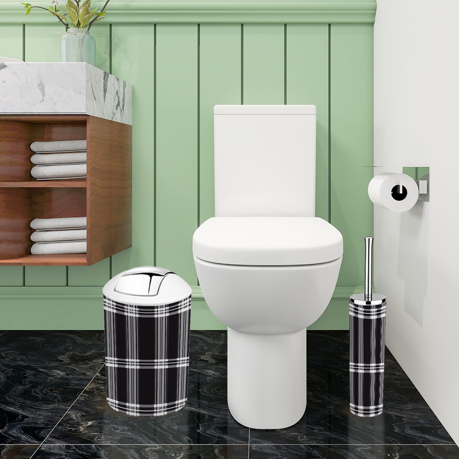 Boho Bathroom Accessory Set 6 Piece Black White Plaid