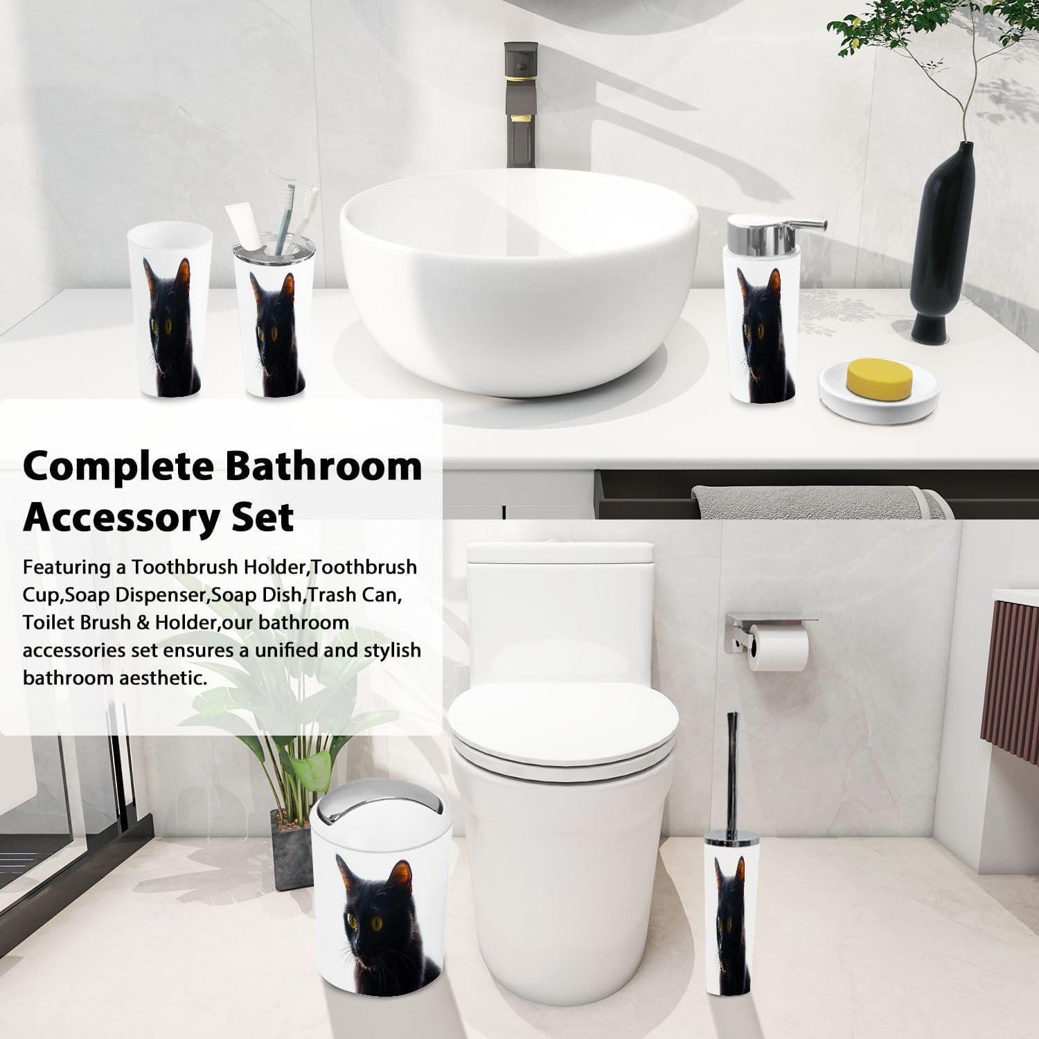 Boho Cat Silhouette Bathroom Accessories Set 6 Piece