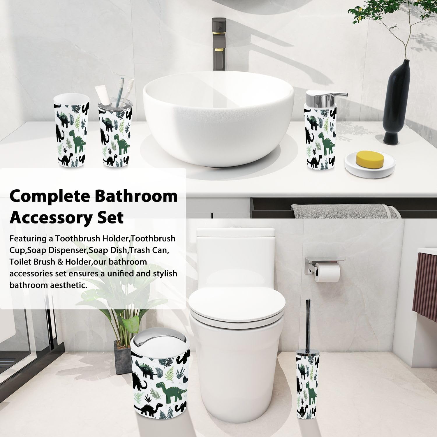 Boho Grunge Dinosaur Silhouette Bathroom Accessories Set 6 Piece