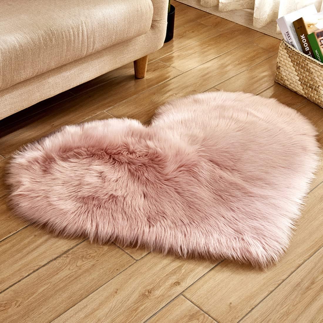 Pink Heart Shaped Faux Fur Throw Rug for Girls
