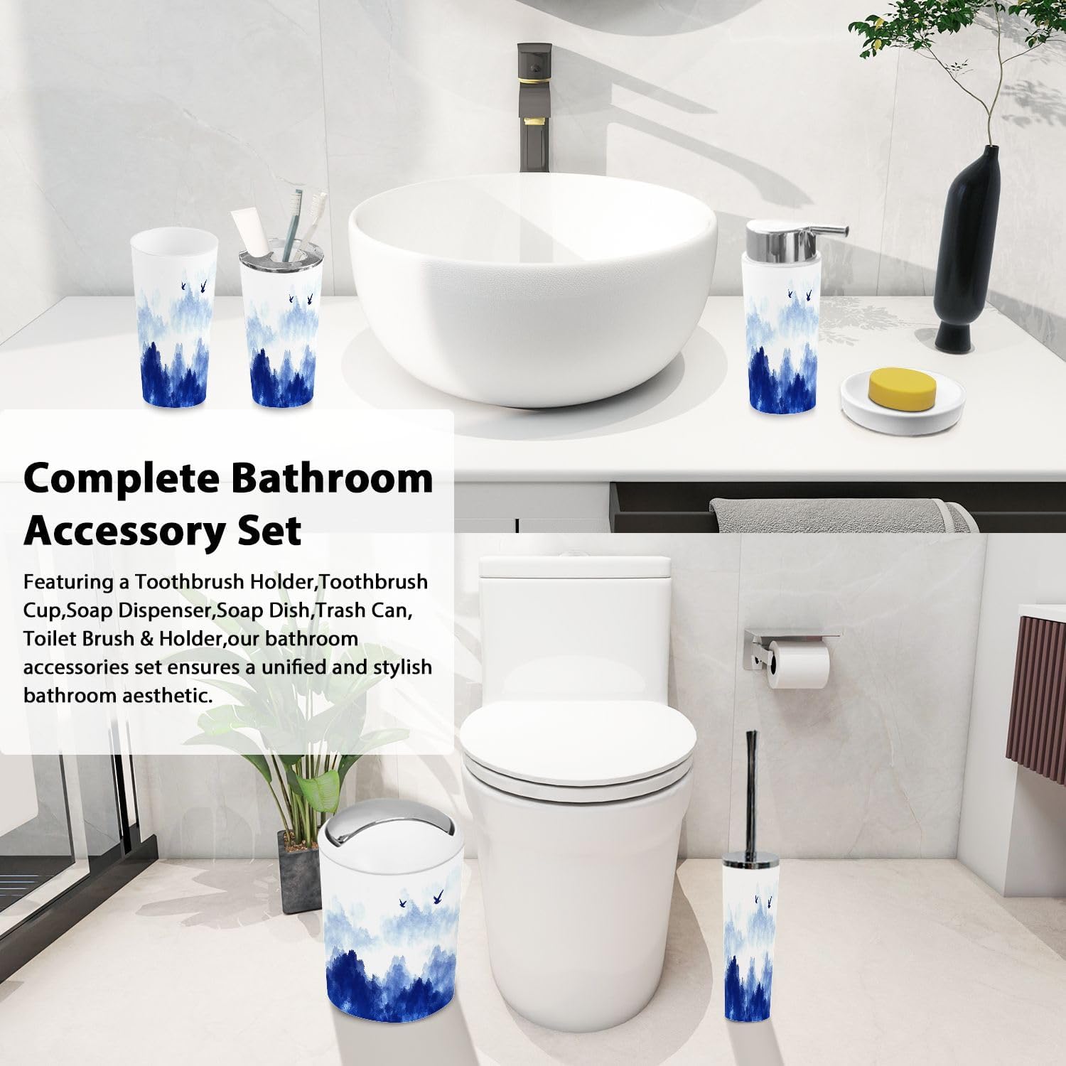 Boho Flock Birds Bathroom Accessory Set 6 Piece