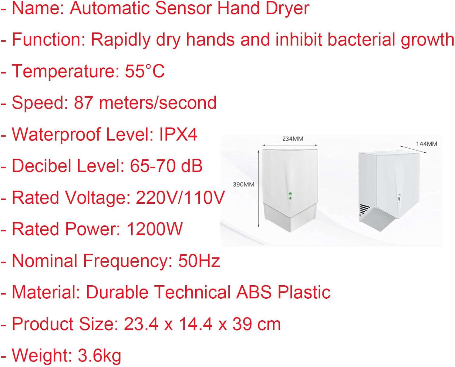 Automatic Electric Hand Dryer with 2-Way Air Flow 1200W Fast Dry Silver