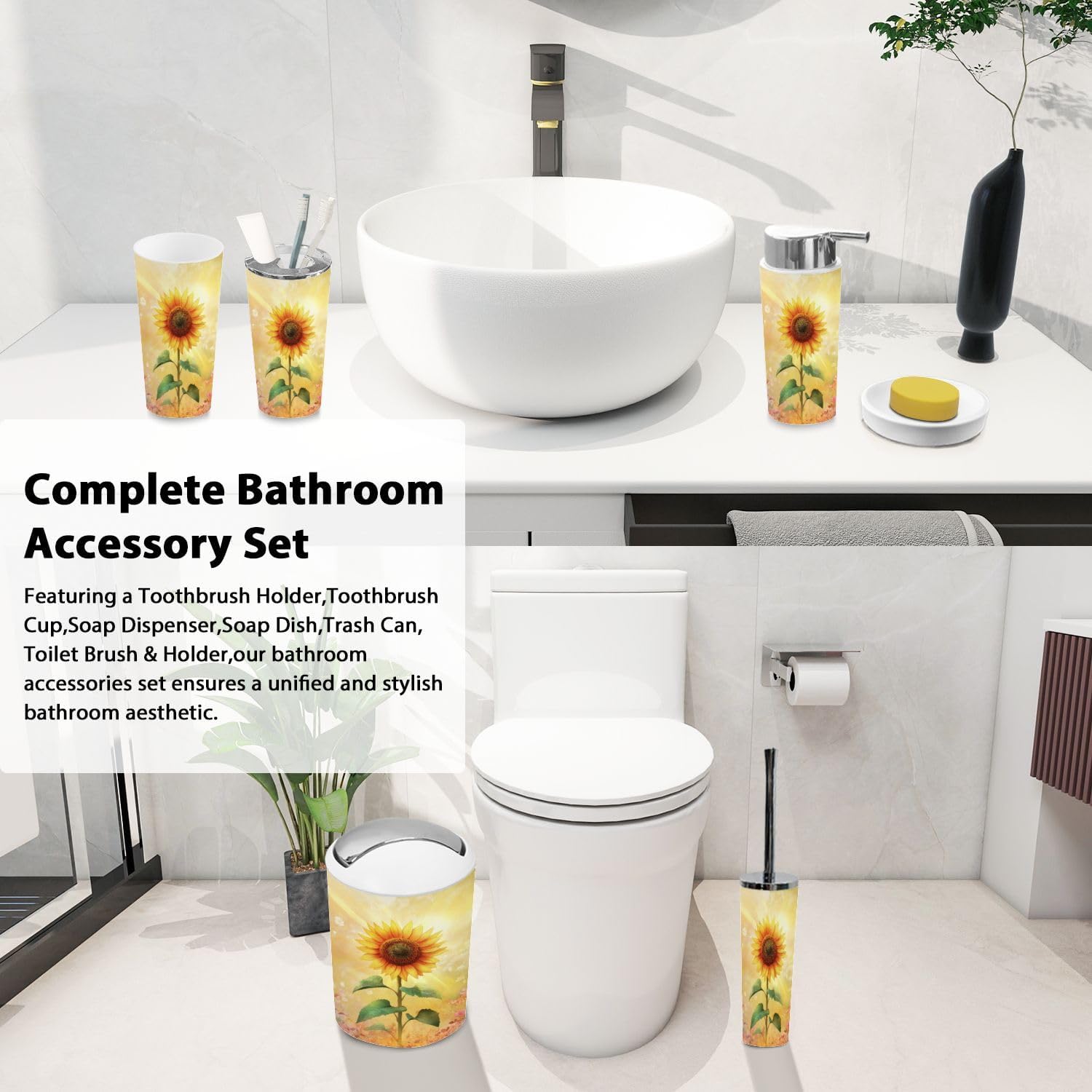 Boho Sunflower Bathroom Accessory Set 6 Piece 1