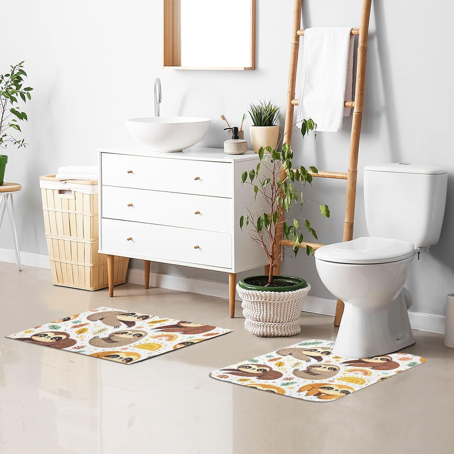 WELLDAY Bathroom Rug Sets 2 Piece Sloth Pattern