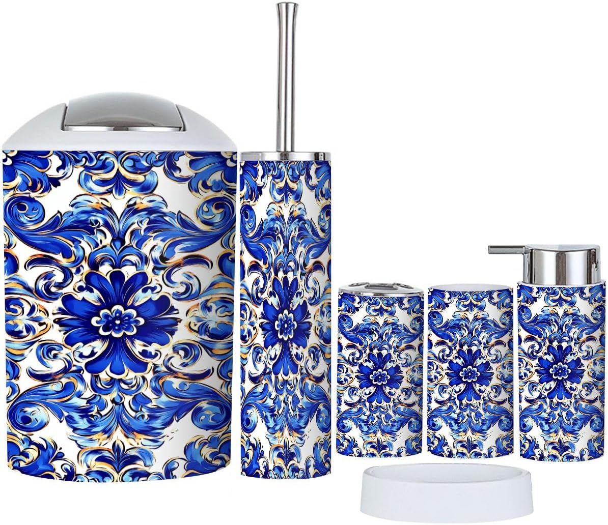 Boho Bathroom Accessory Set 6 Piece with Azulejo Design