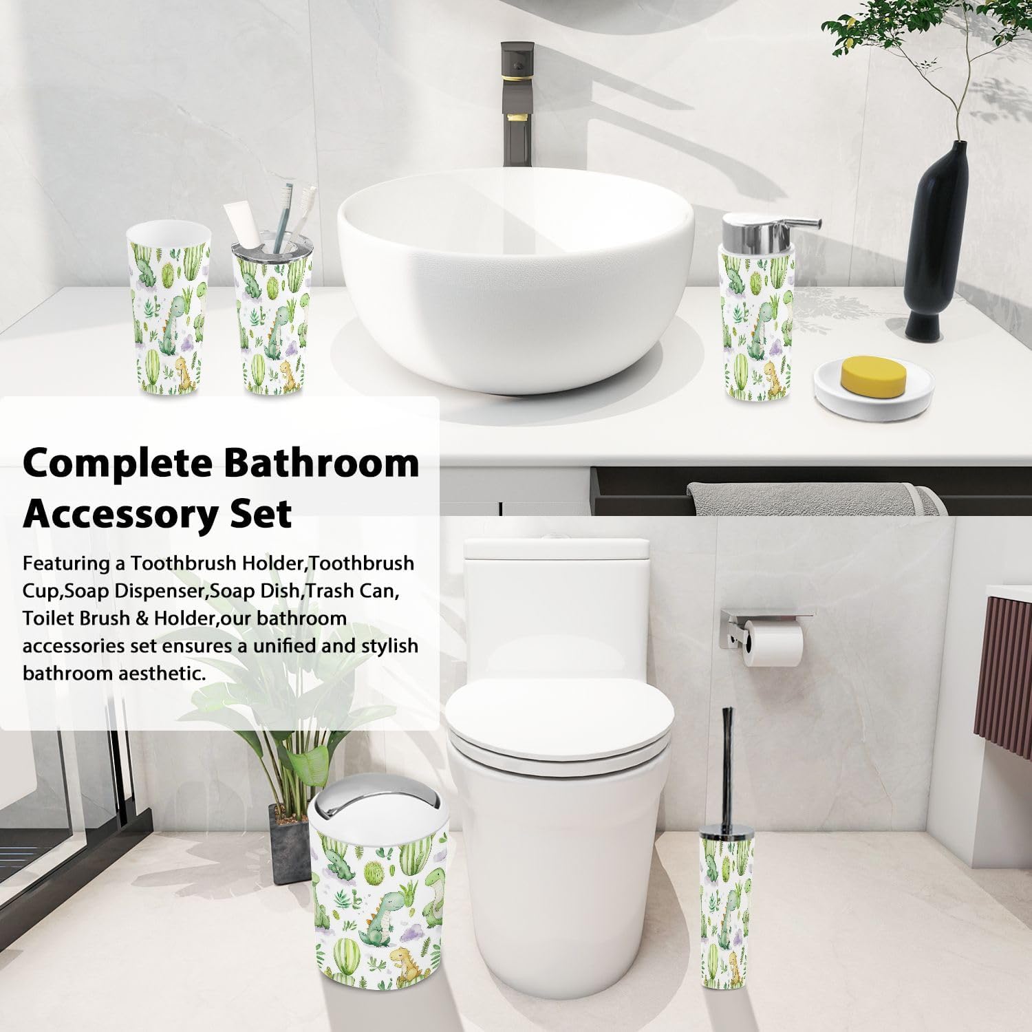 Boho Dinosaur Bathroom Accessory Set 6 Piece 1