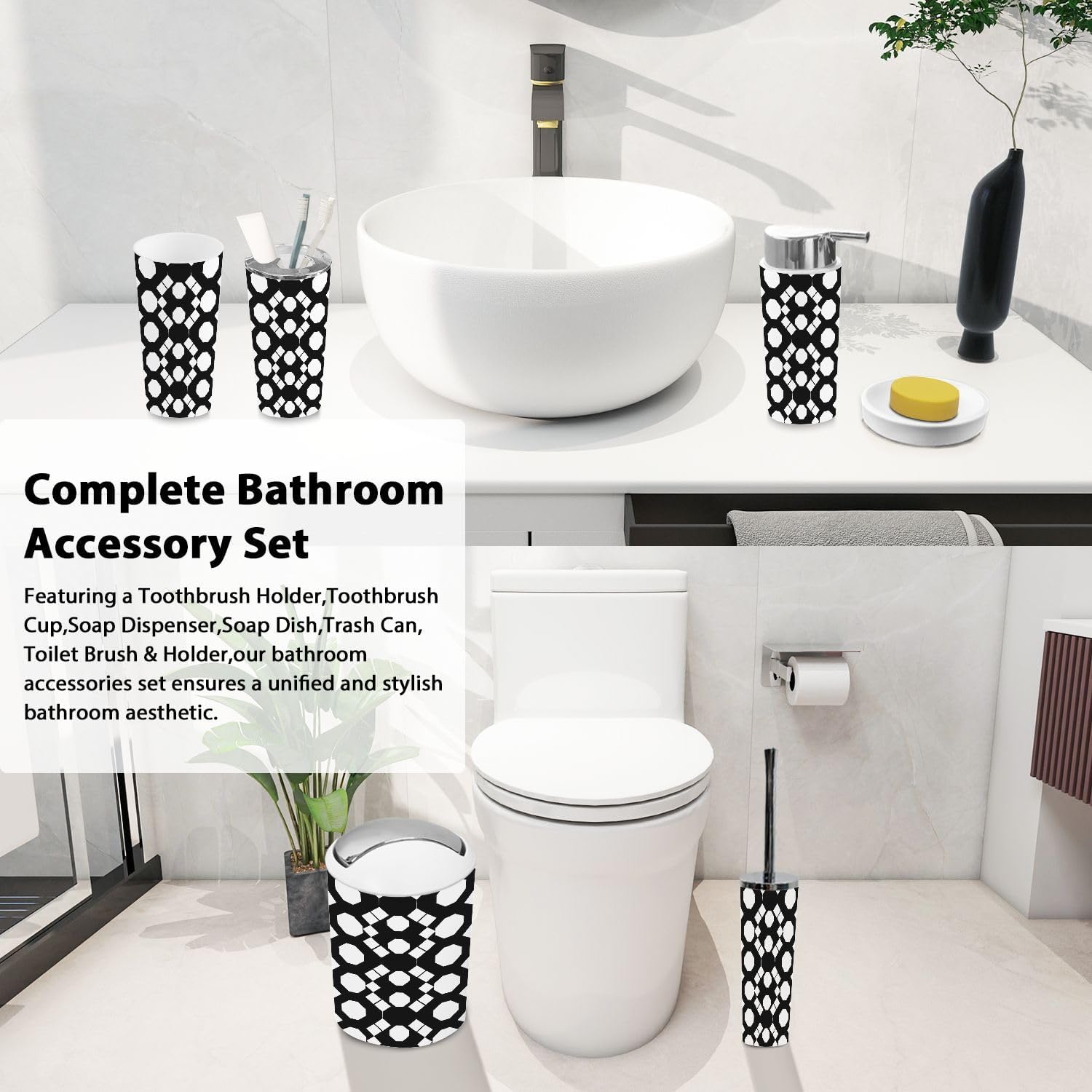 Boho Bathroom Accessory Set 6 Piece Black White Rhombuses 1