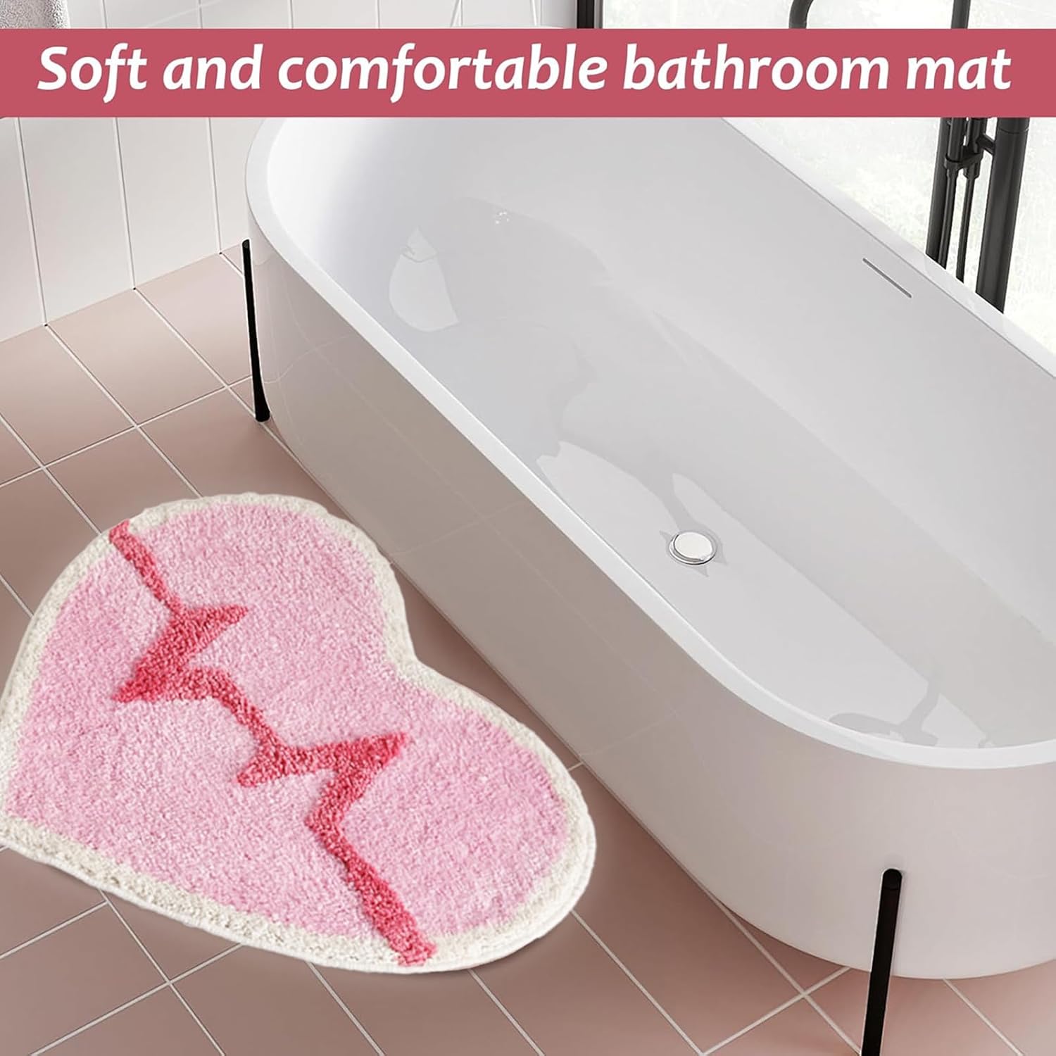 Inshinern Pink Heart Bathroom Rug Non Slip Washable