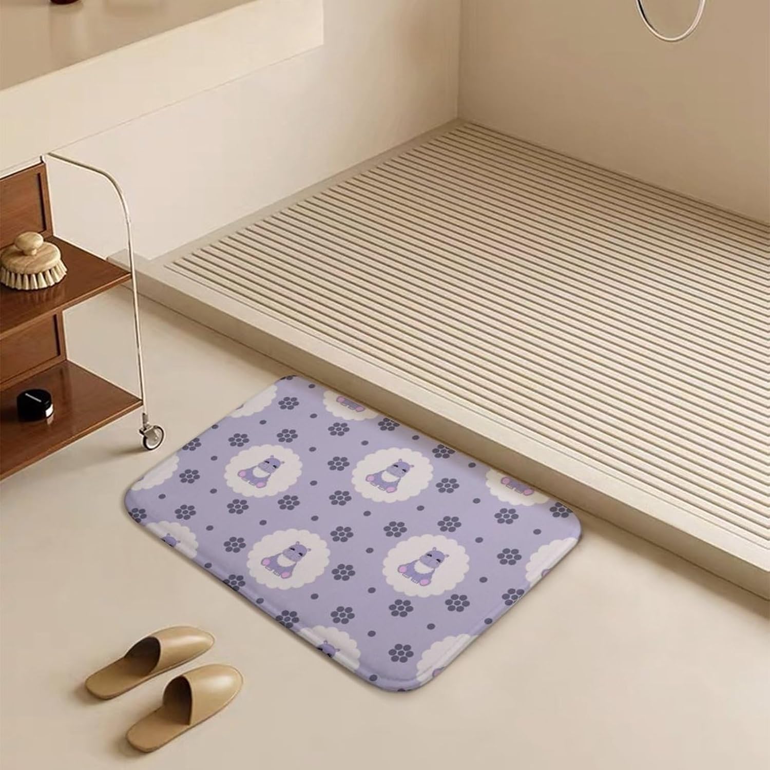 MZERSE Machine Washable Bath Mat with Cute Hippo Print Purple