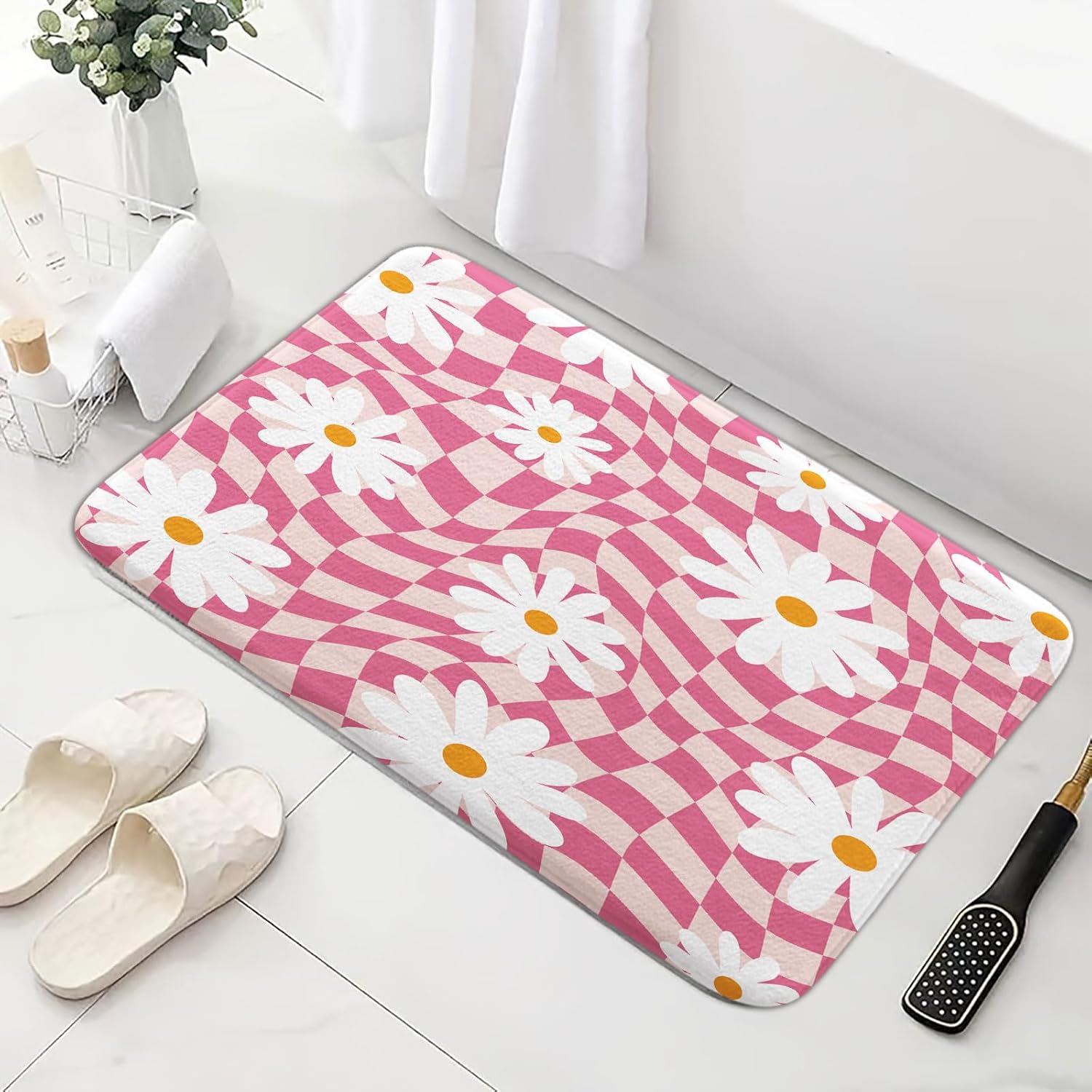 Pink Checkered Bath Mat 16X24in Flannel Non-Slip