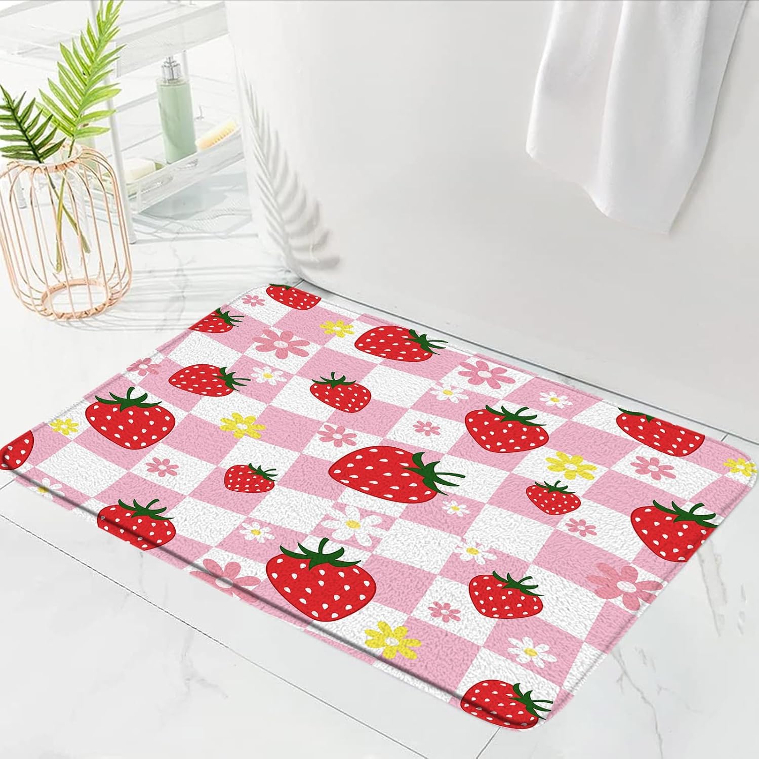 Strawberry Bath Mat with Cute Floral Design