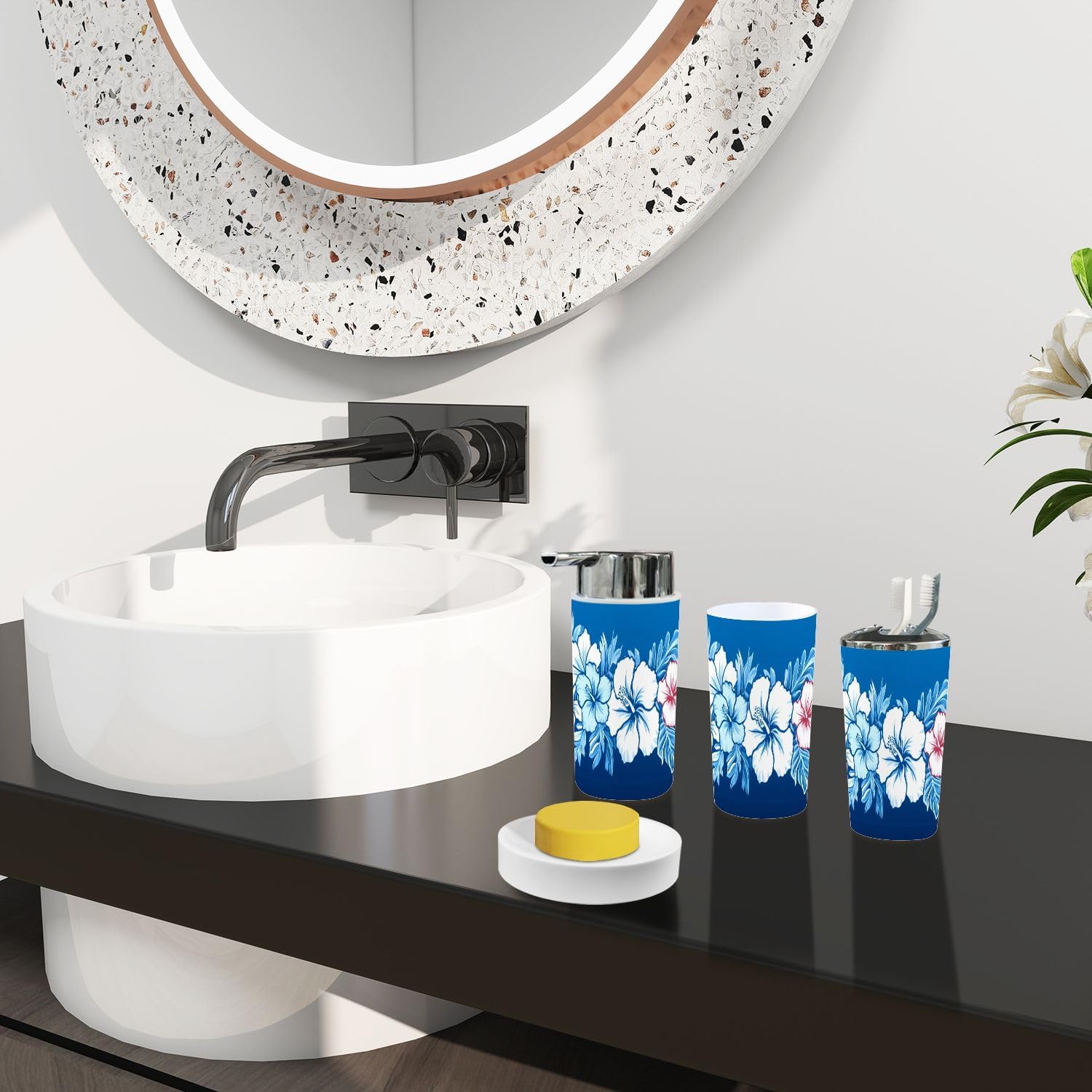 Boho Hibiscus Bathroom Accessory Set 6 Piece 1