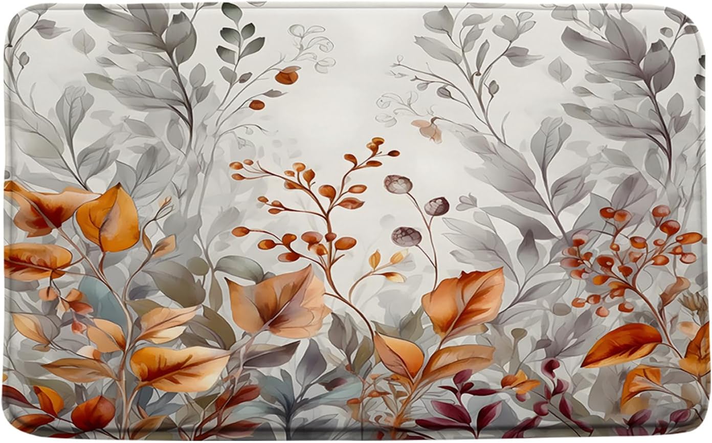 Sunhe Leaf Bath Mat with Gray Orange Rustic Design