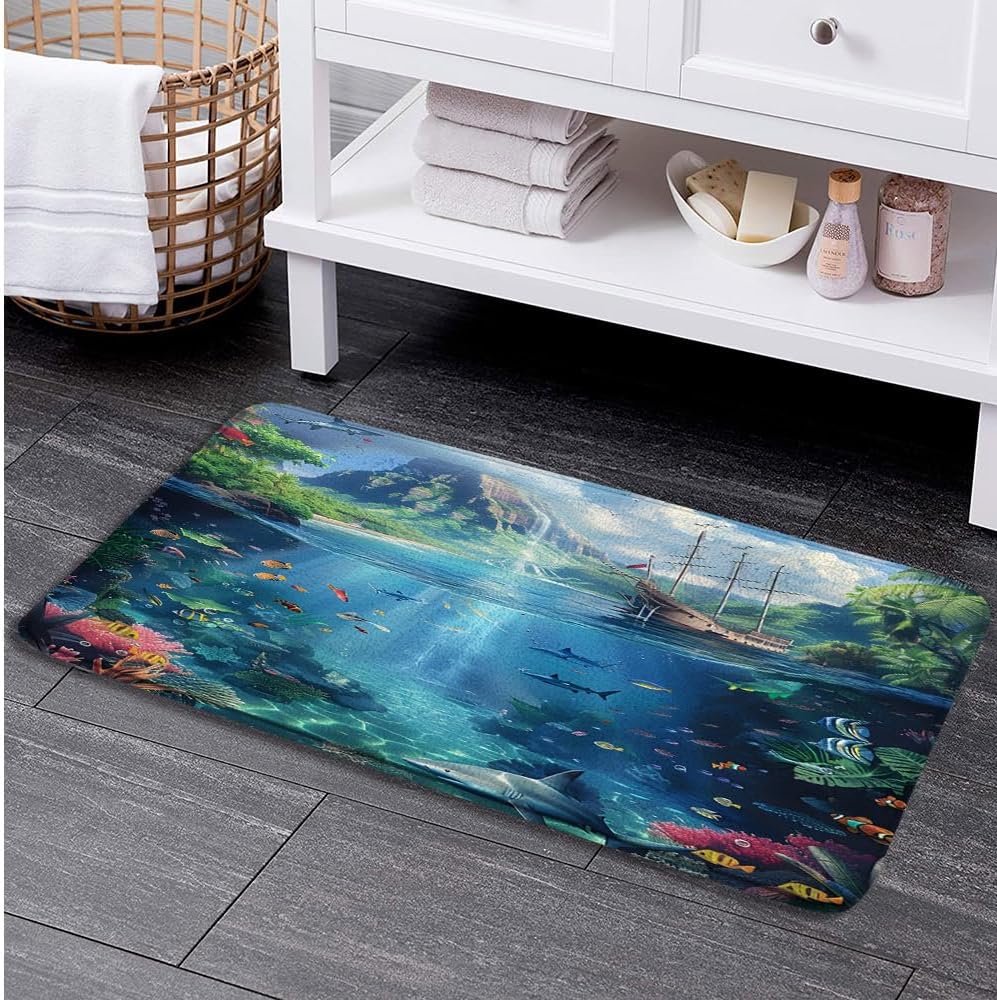Ocean Coastal Bath Mat Tropical Fish Sailboat Seagull