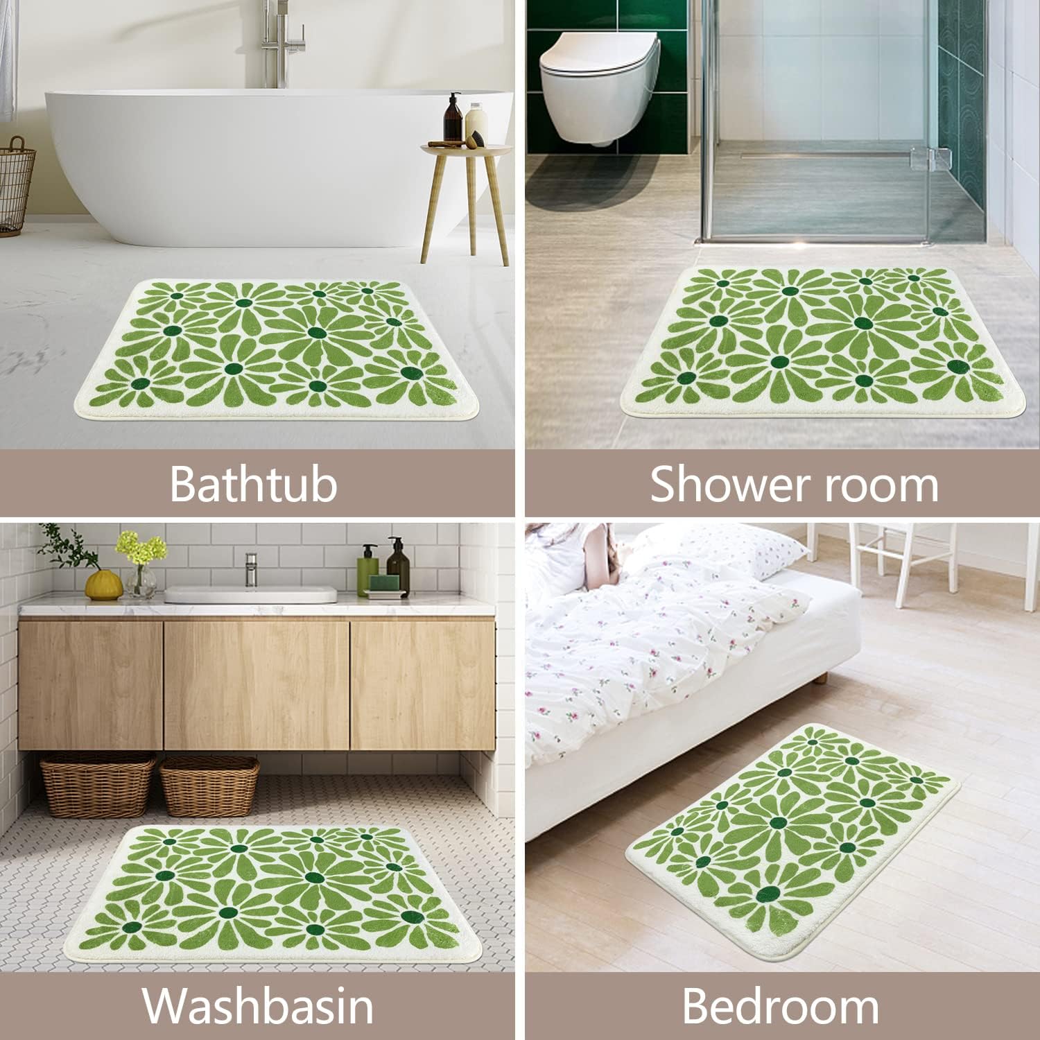 Green Floral Bath Mat 21x30in Non-Slip Microfiber Rug for Bathroom