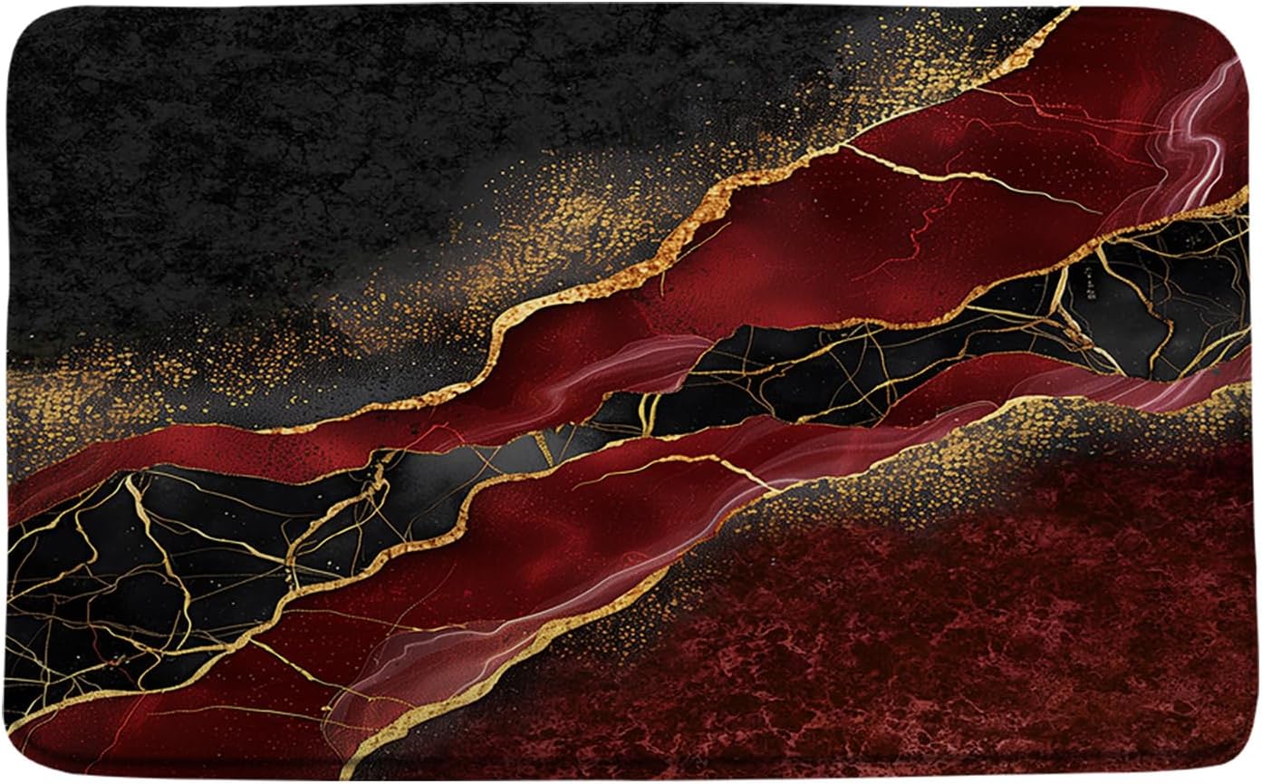 Red Marble Bath Mat with Gold Veins Texture
