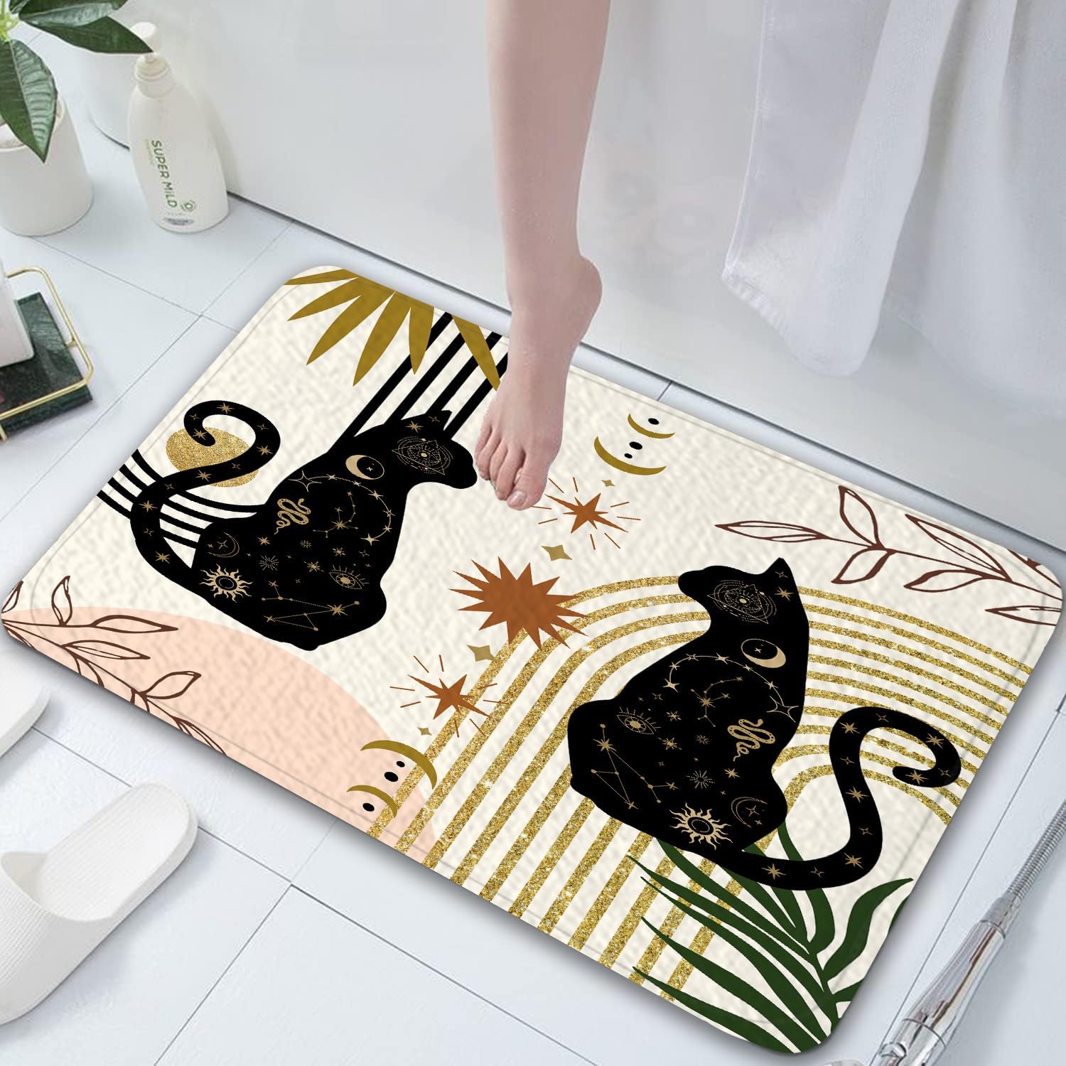 JAWO Boho Black Cat Bath Rug Non Slip 16x24