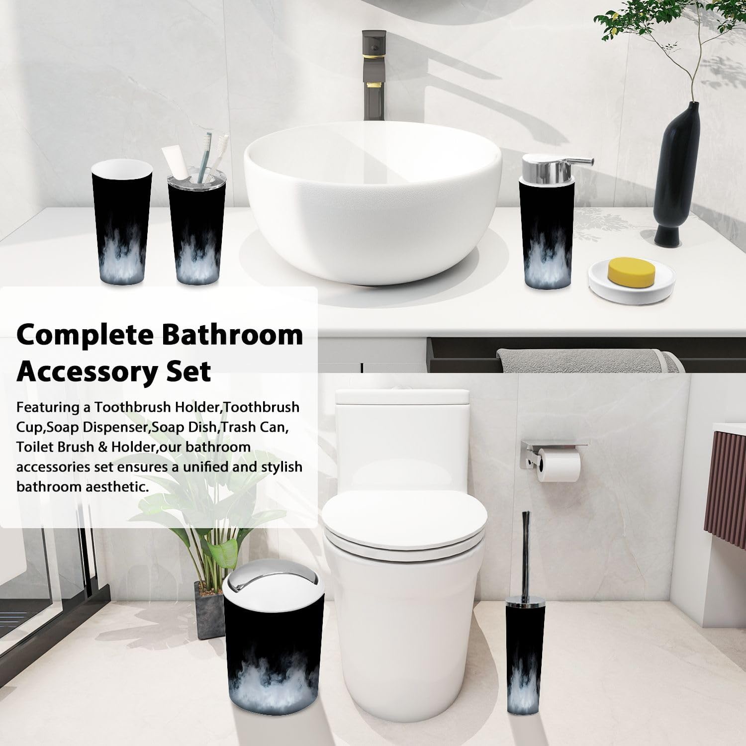 Boho Fog Black 6-Piece Bathroom Accessories Set