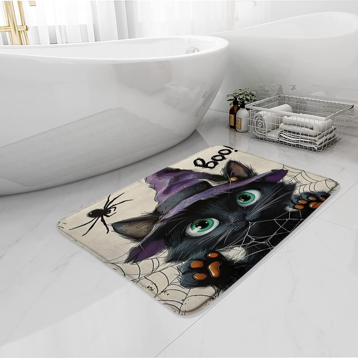 Halloween Cat Bath Mat with Spider Cobweb Design