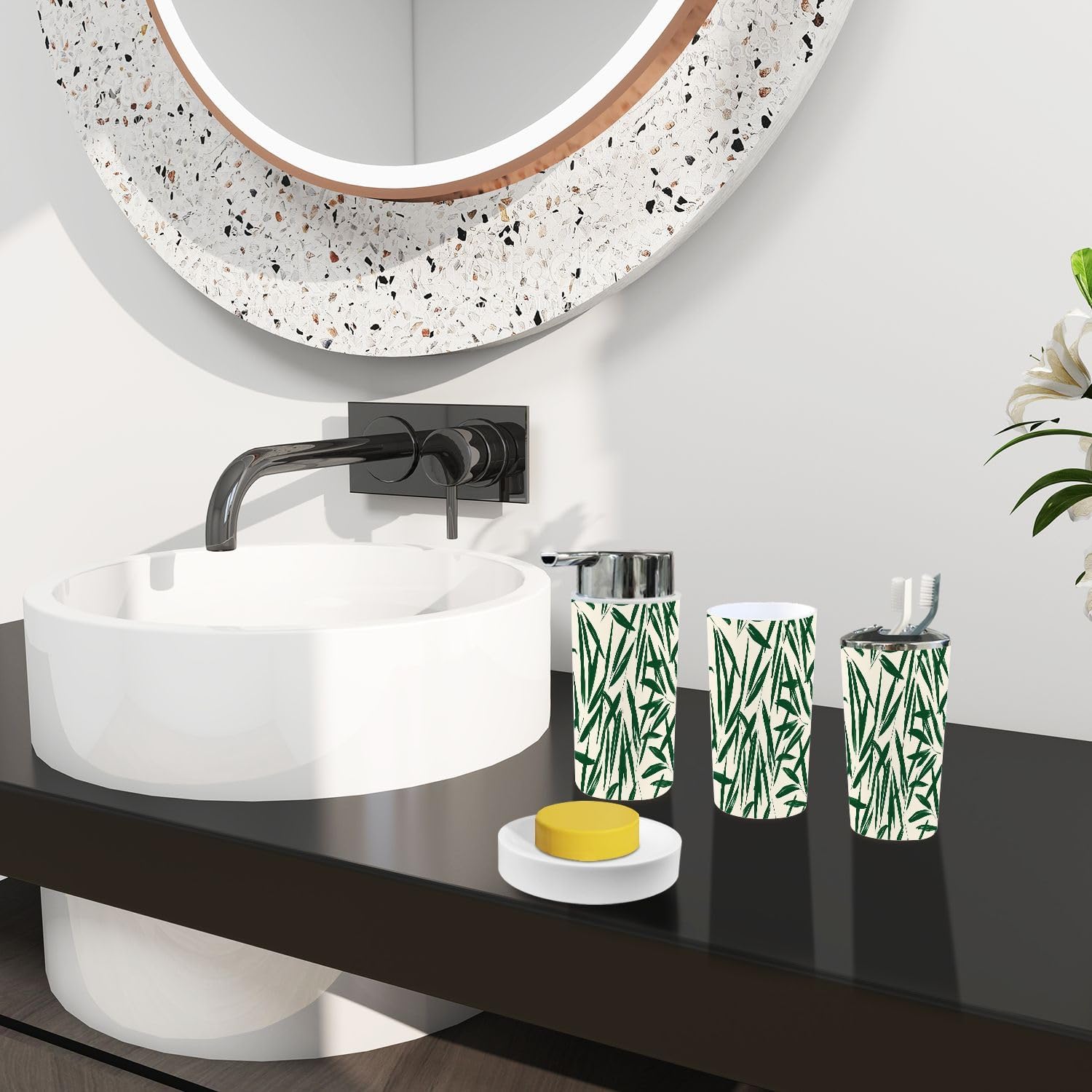 Boho Leaf Pattern Bathroom Accessory Set 6 Piece