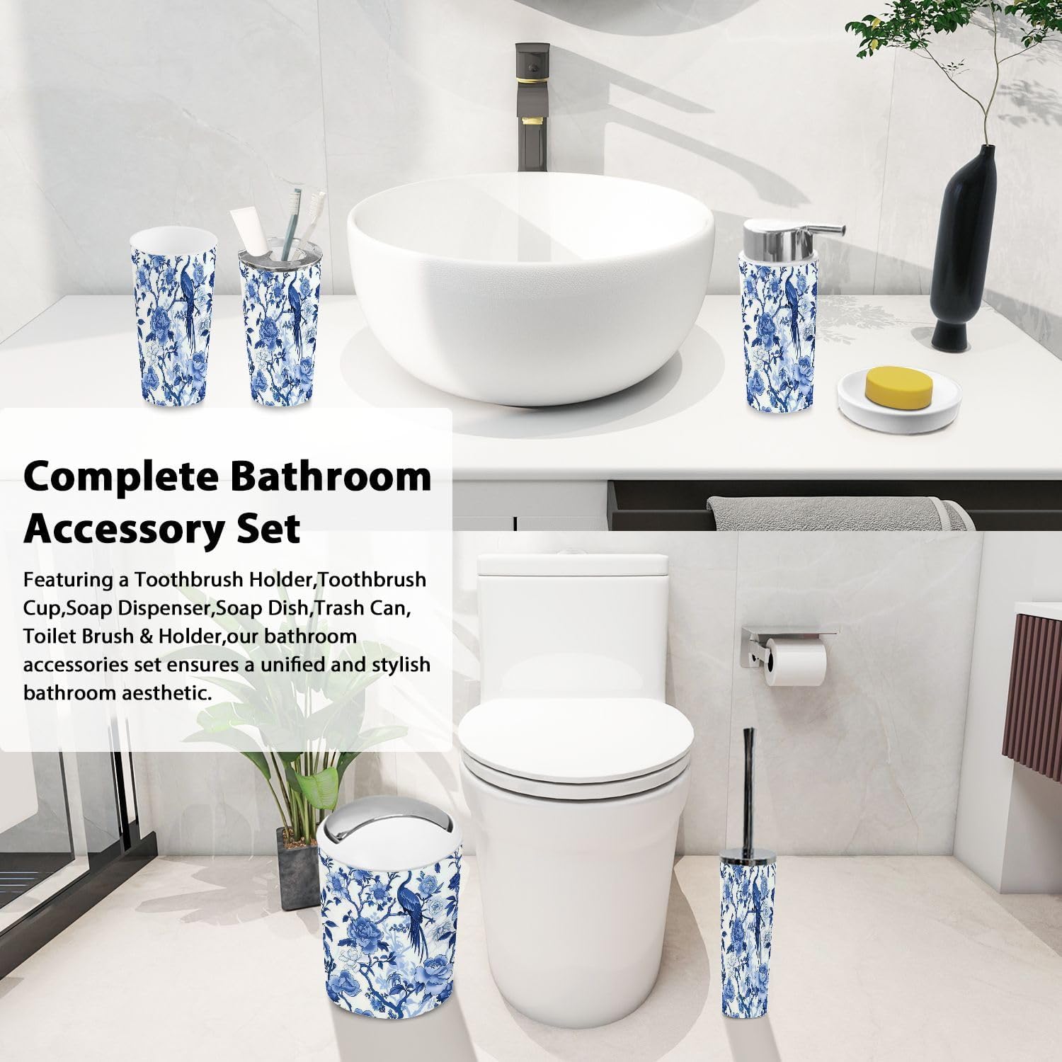 Boho Chinoiserie Bathroom Accessory Set 6 Piece