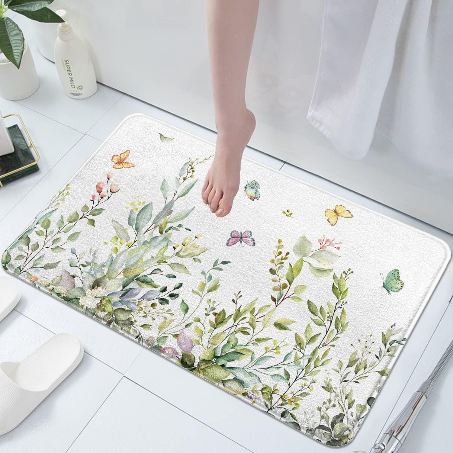 Green Leaf Floral Imitation Cashmere Bath Rug - Non-Slip 17x27 Inch