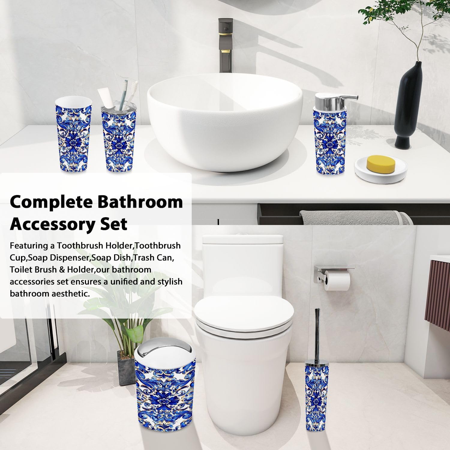 Boho Bathroom Accessory Set 6 Piece with Azulejo Design