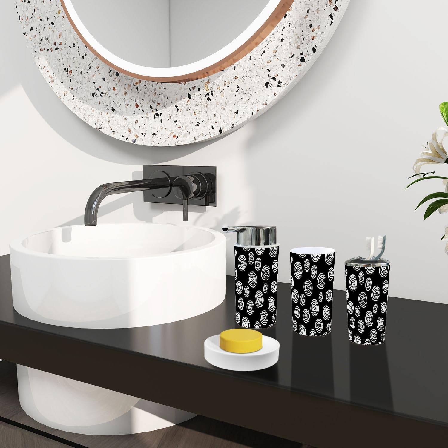 Boho White Black Bathroom Accessory Set 6 Piece