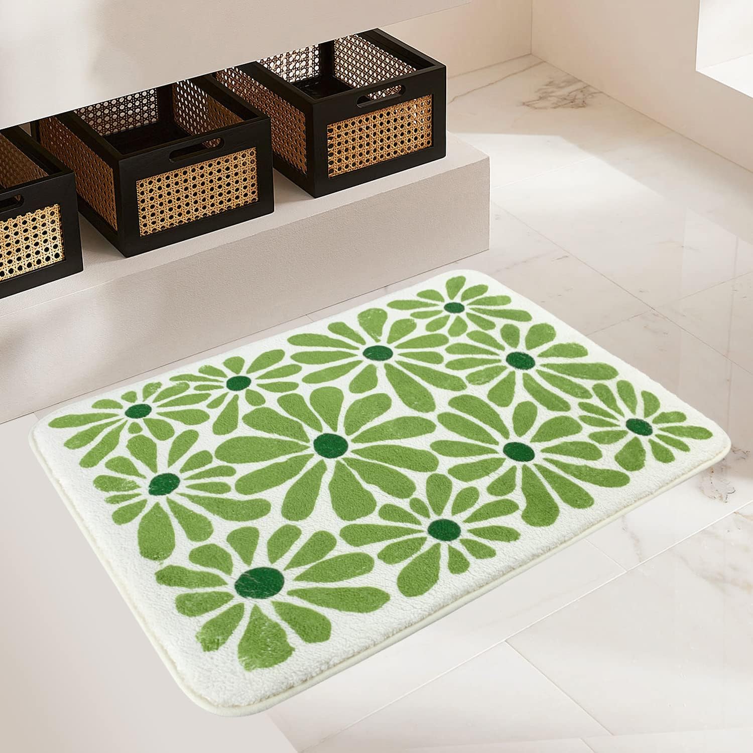 Green Floral Bath Mat 21x30in Non-Slip Microfiber Rug for Bathroom